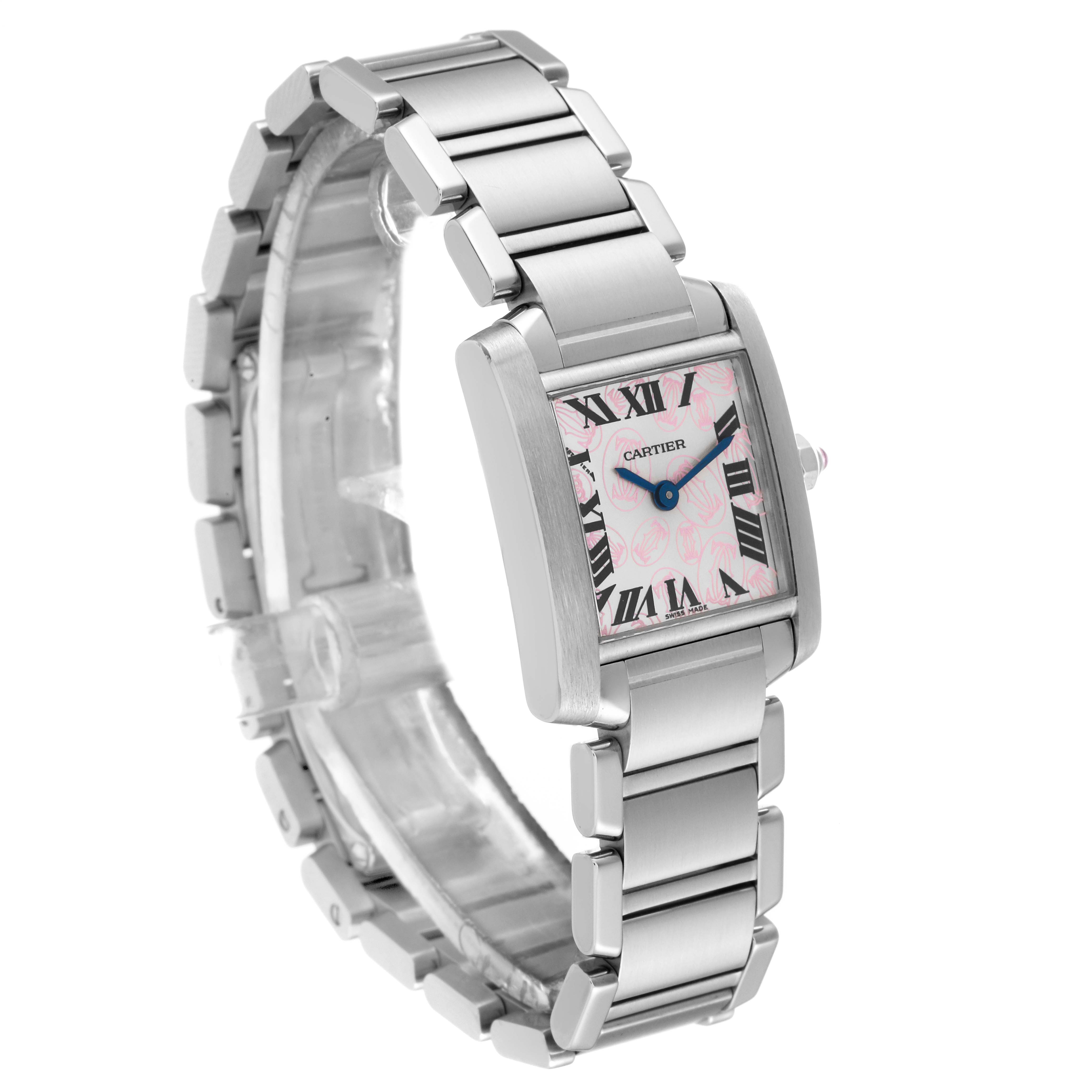 The Cartier Tank Francaise W51031Q3 Women's Stainless Steel Silver Dial W51031Q3 Women's Stainless Steel Silver Dial watch is shown at a three-quarter angle, detailing the face, bracelet, and side profile.