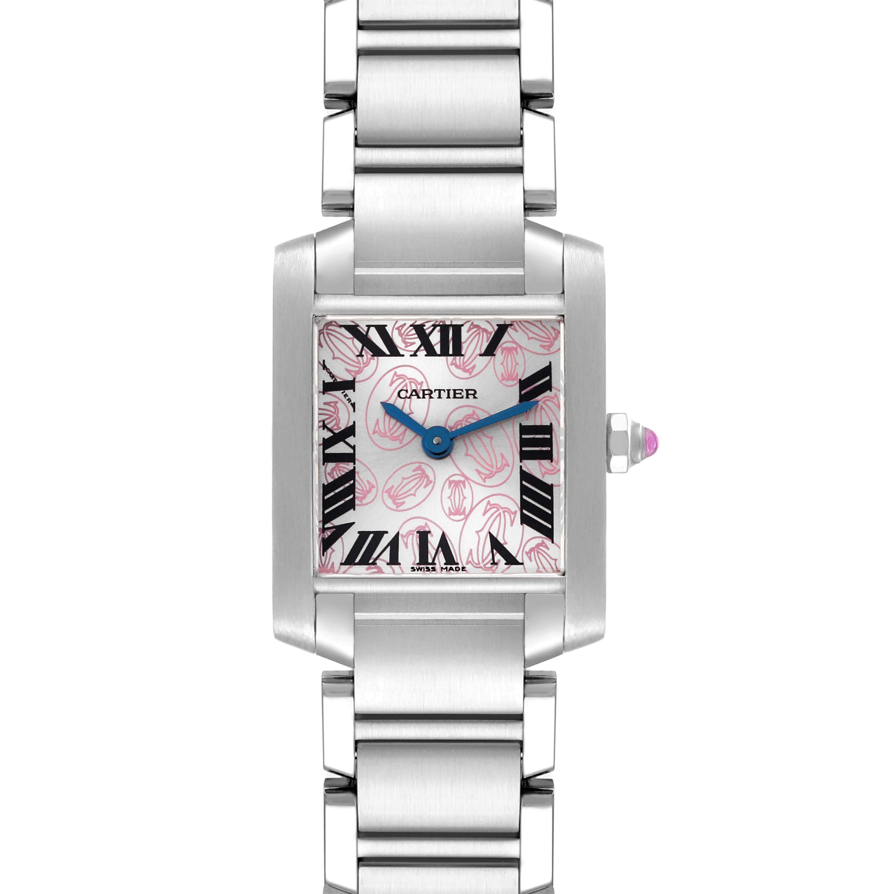 This Cartier Tank Francaise W51031Q3 Women's Stainless Steel Silver Dial W51031Q3 Women's Stainless Steel Silver Dial watch is shown from a front angle, highlighting its face, strap, and crown with a pink gemstone.