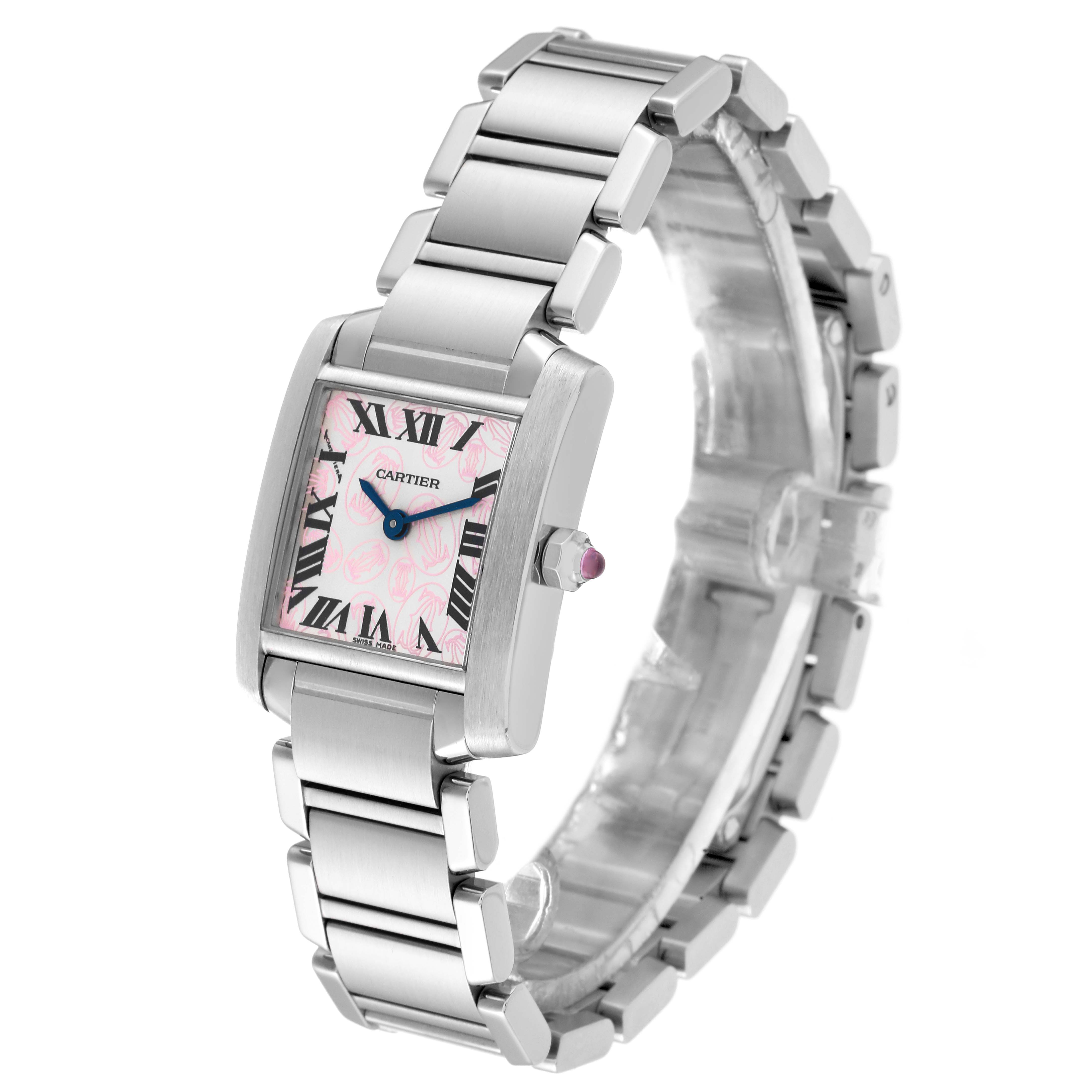 This image shows a Cartier Tank Francaise W51031Q3 Women's Stainless Steel Silver Dial W51031Q3 Women's Stainless Steel Silver Dial watch at an angle showcasing its face, pink dial, case, and metal bracelet.