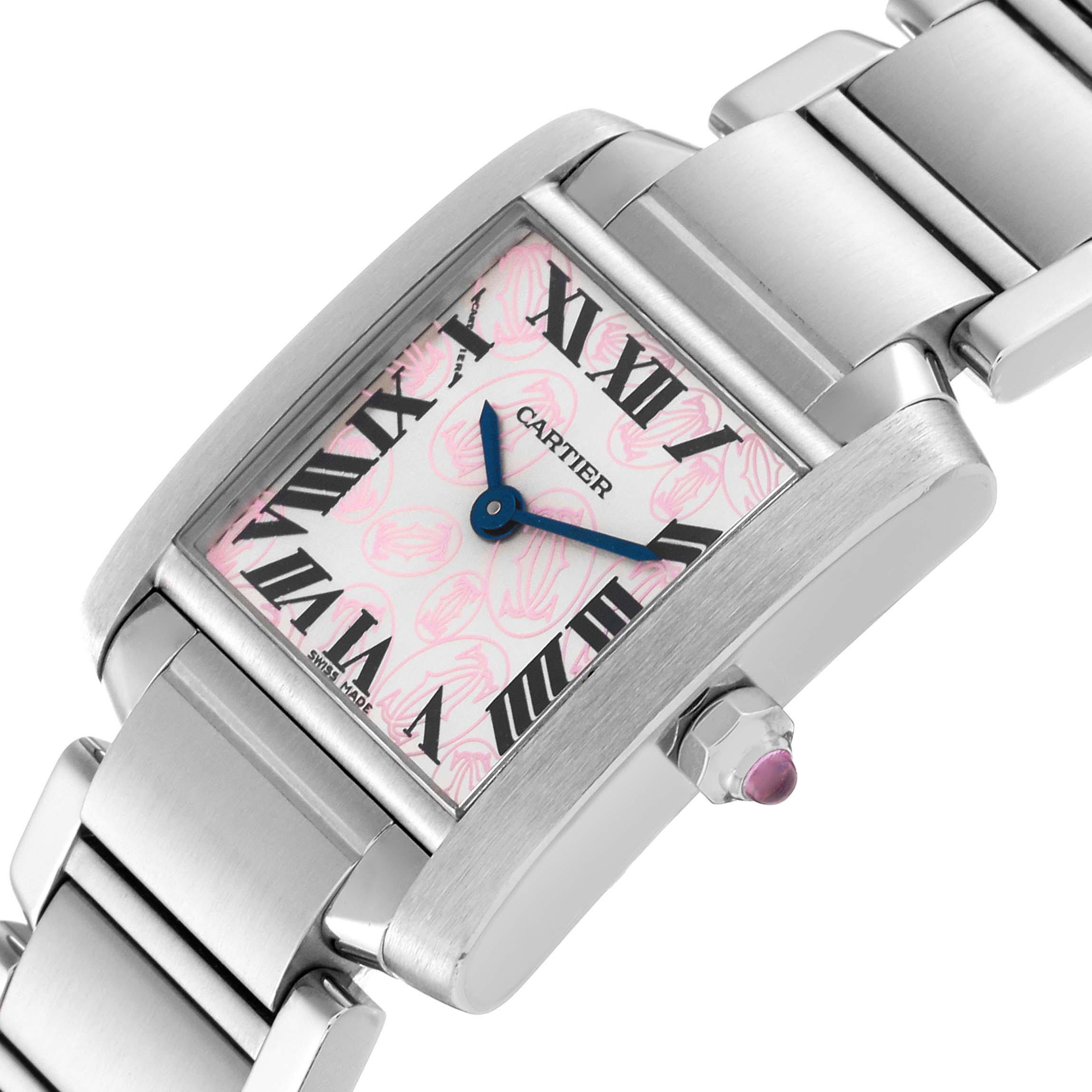 This image shows a close-up angle of the Cartier Tank Française watch highlighting its face, Roman numerals, and part of its bracelet.