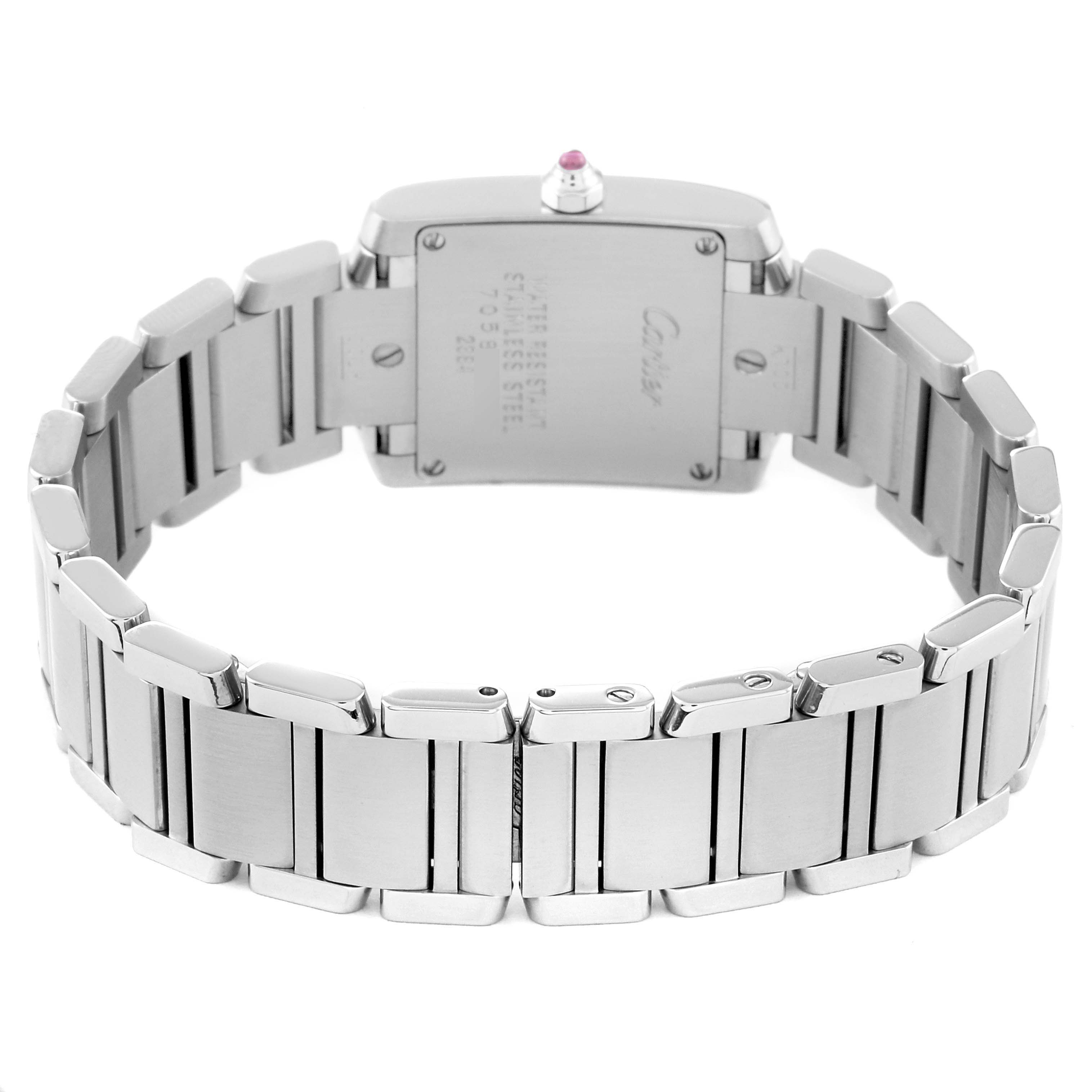 The image shows the back and bracelet of a Cartier Tank Francaise W51031Q3 Women's Stainless Steel Silver Dial W51031Q3 Women's Stainless Steel Silver Dial watch at a slight angle.