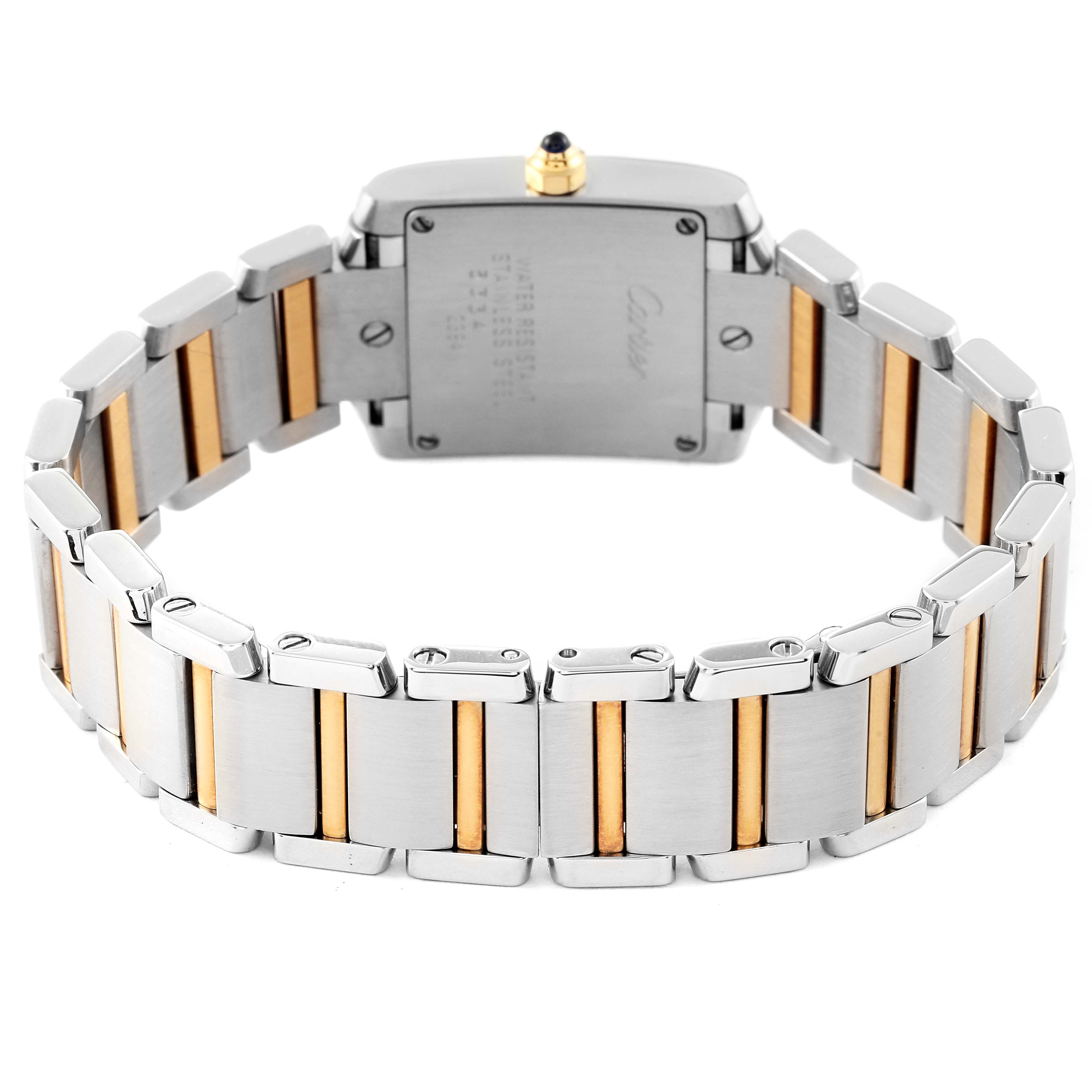 This image shows the back of the Cartier Tank Francaise W51007Q4 Women's Steel and Gold (two tone) Silver Dial W51007Q4 Women's Steel and Gold (two tone) Silver Dial watch, highlighting the two-tone bracelet and case back.