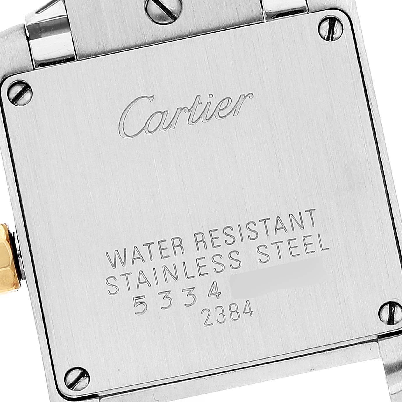 This image shows the back case of a Tank Francaise model by Cartier, highlighting the water resistance and material details.