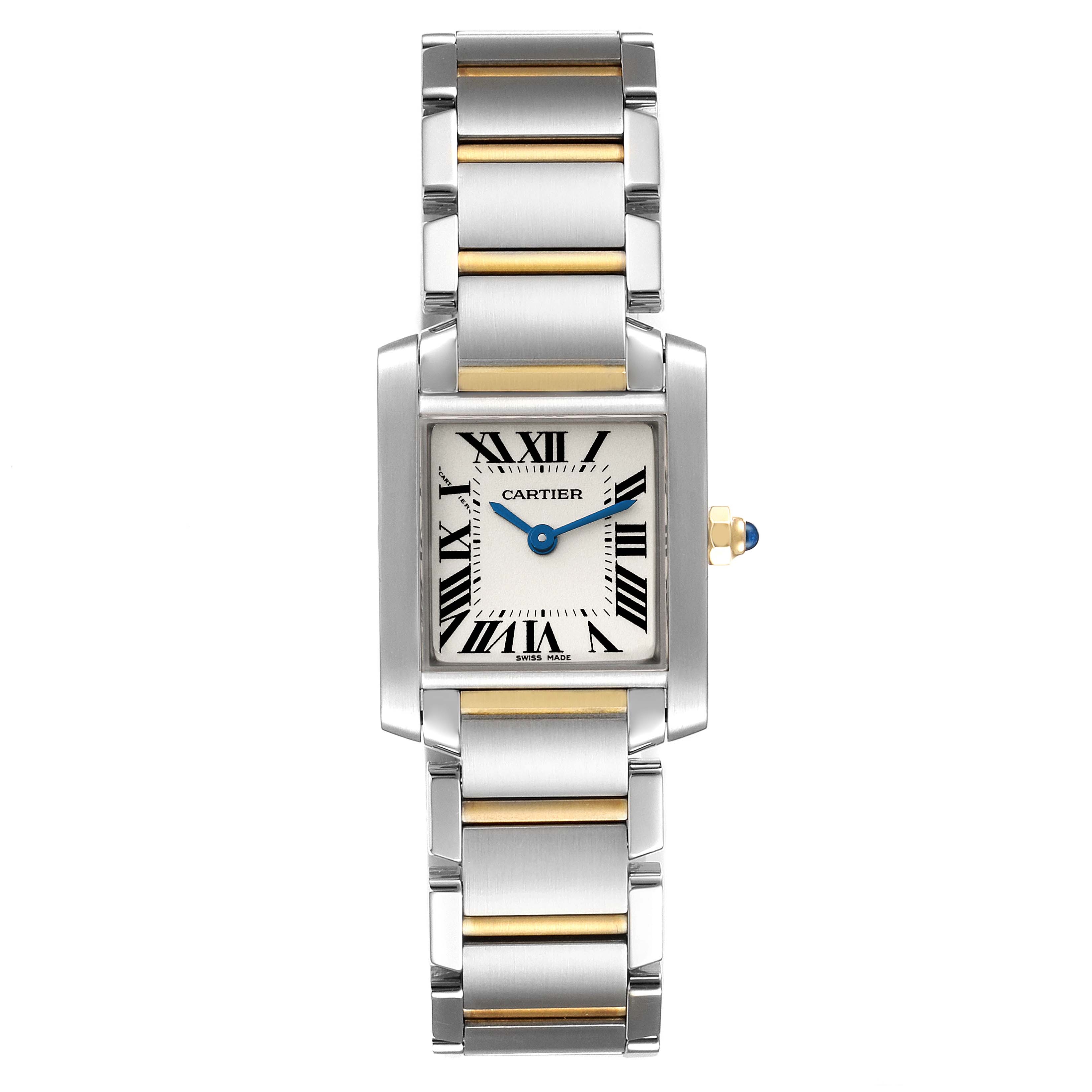 The image shows a front view of the Cartier Tank Française watch, highlighting its face, bezel, bracelet, and crown.