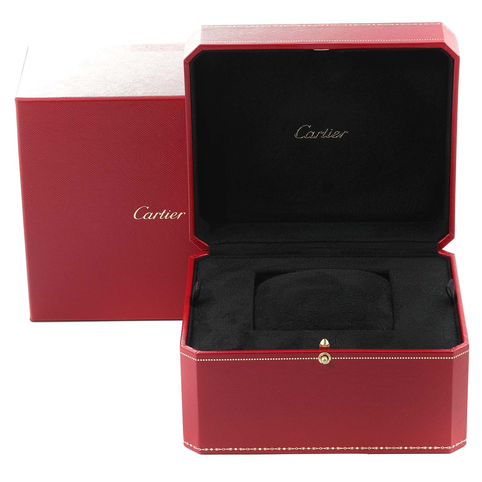 The image shows an open red Cartier watch box for the Tank Francaise model and its outer protective box.