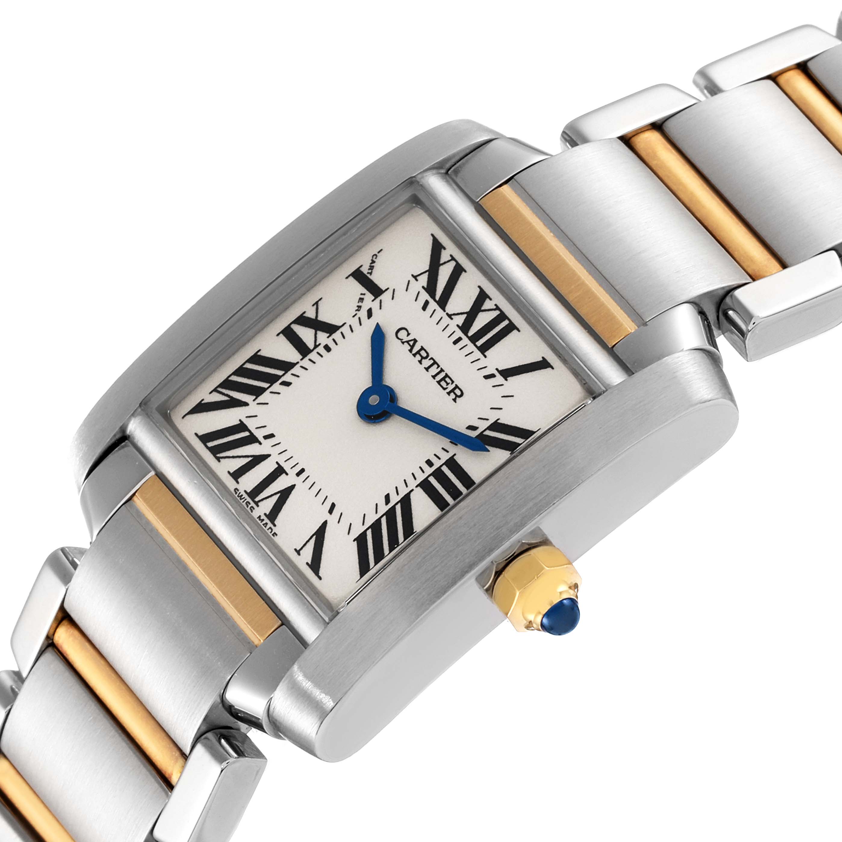 The image shows a side-angle view of the Cartier Tank Francaise W51007Q4 Women's Steel and Gold (two tone) Silver Dial W51007Q4 Women's Steel and Gold (two tone) Silver Dial watch, highlighting the dial, crown, and two-tone strap.