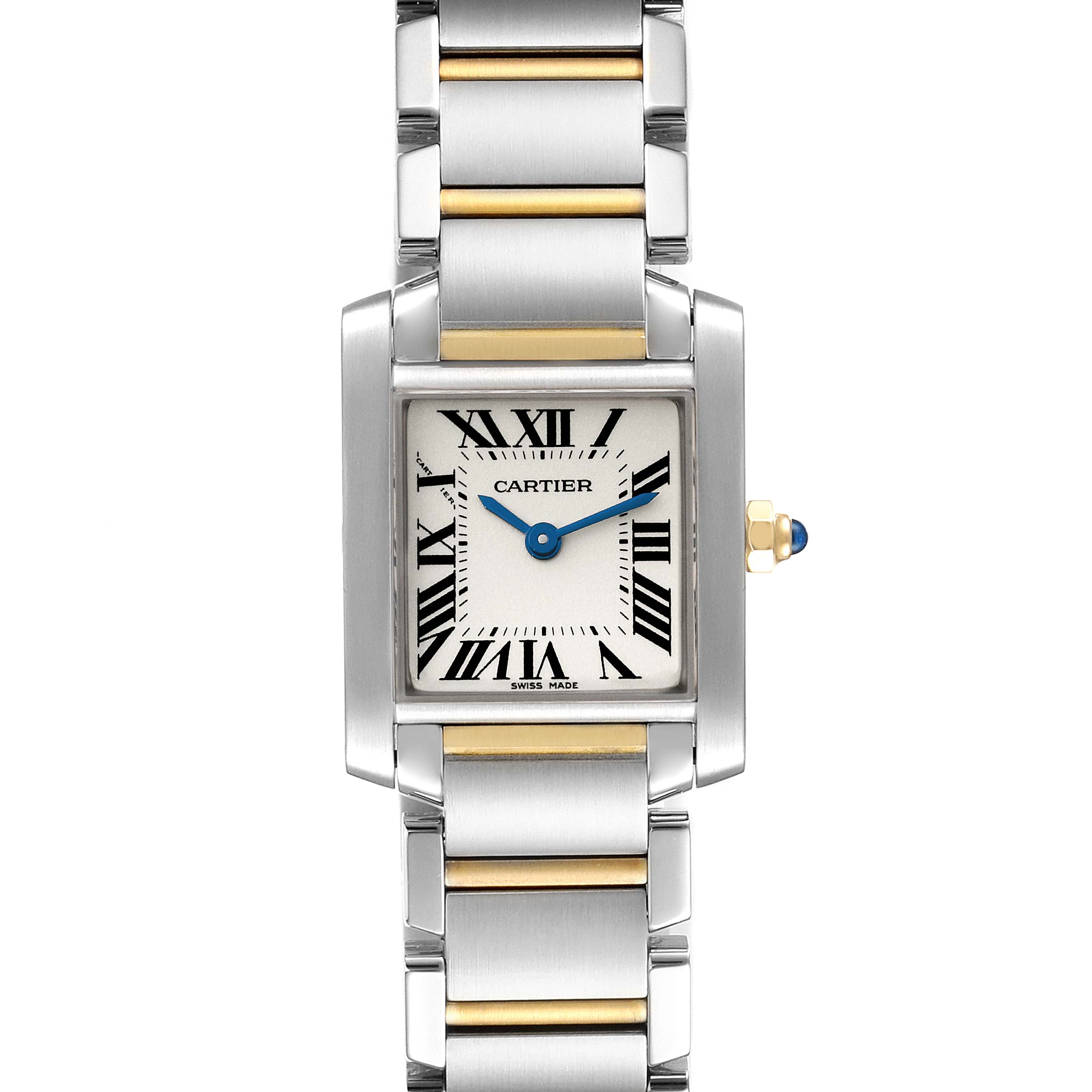 The image shows a front view of a Cartier Tank Française watch, highlighting its rectangular face, Roman numerals, and metallic bracelet.