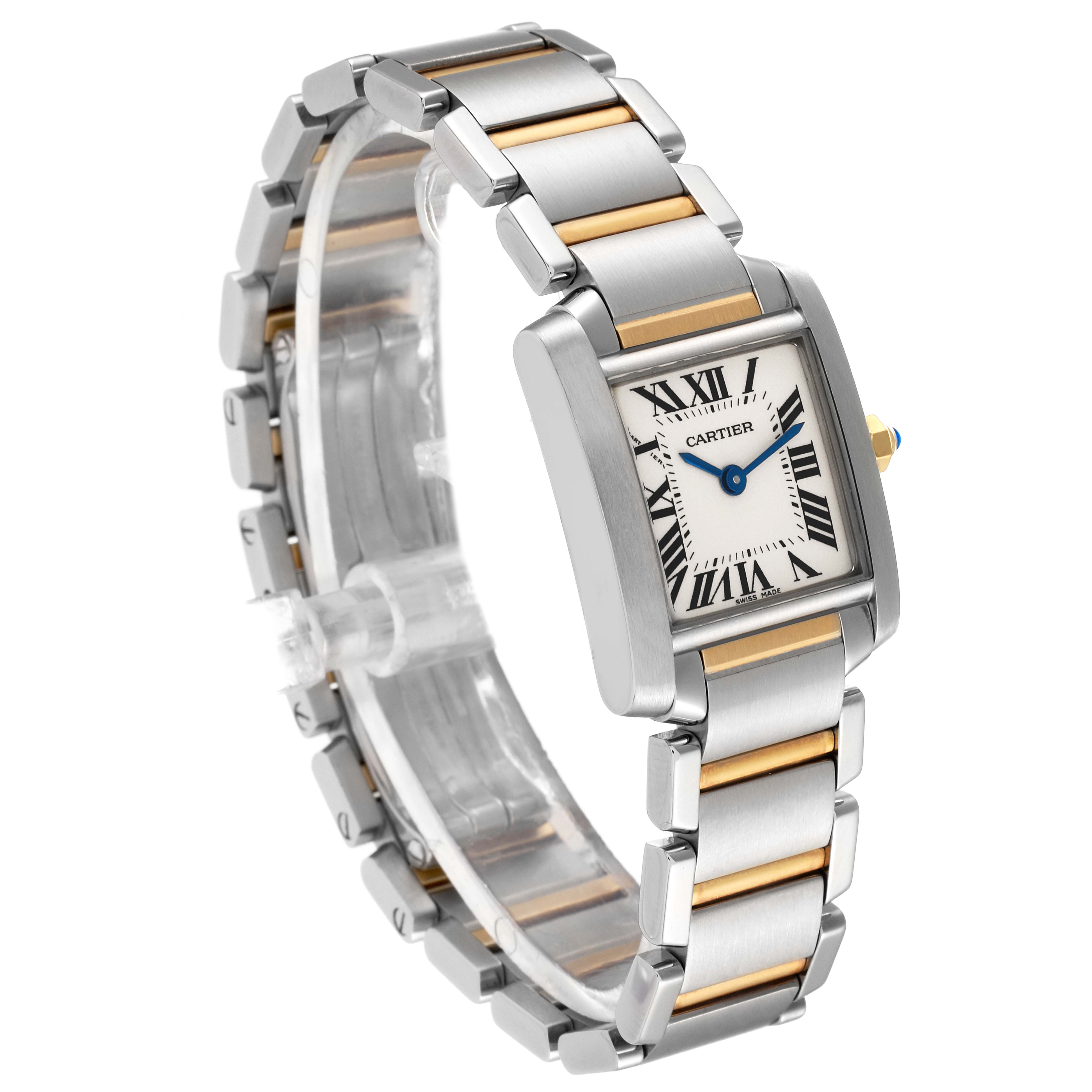 The image shows a Cartier Tank Francaise W51007Q4 Women's Steel and Gold (two tone) Silver Dial W51007Q4 Women's Steel and Gold (two tone) Silver Dial watch angled to display the face and the two-tone metal bracelet.
