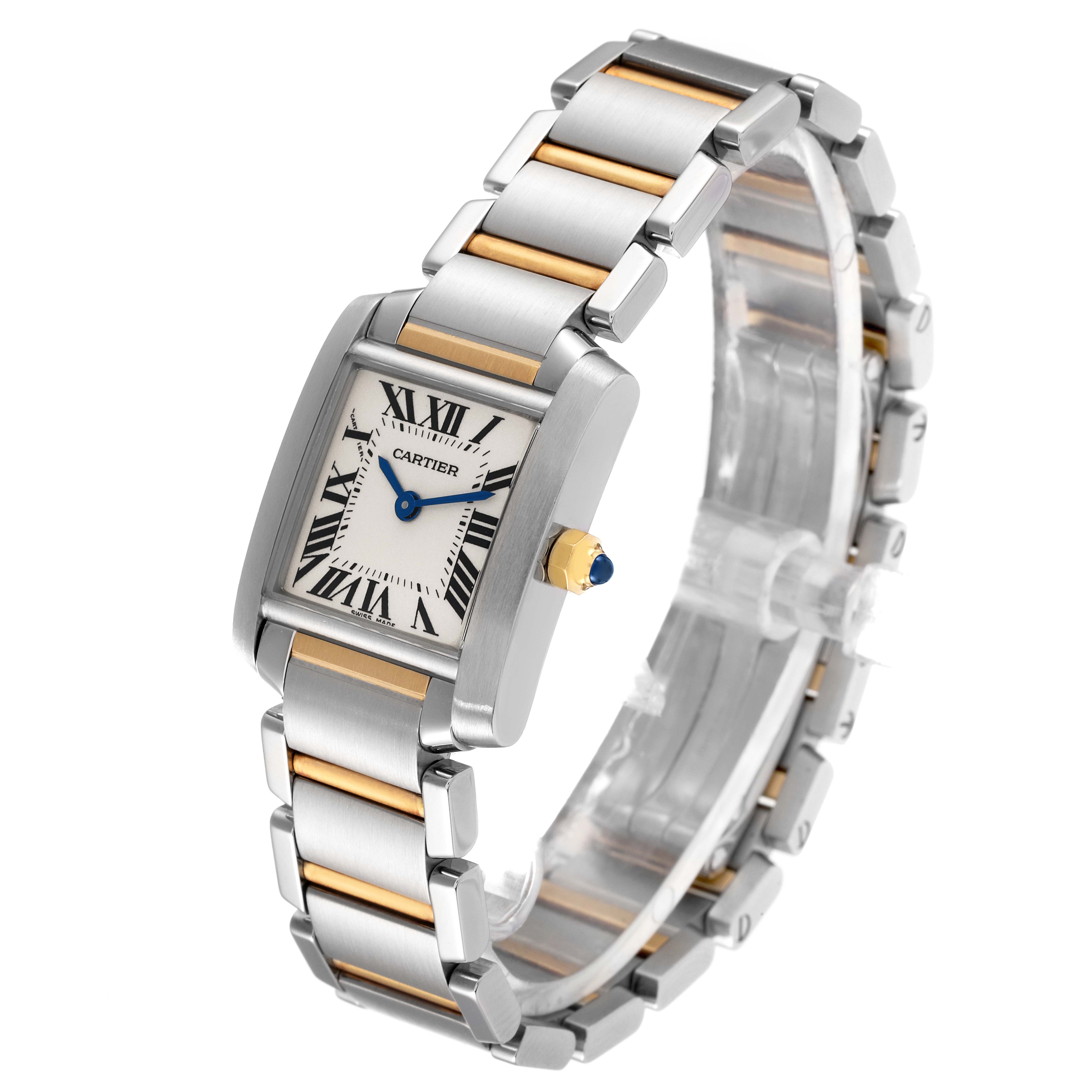 The image shows a Cartier Tank Francaise W51007Q4 Women's Steel and Gold (two tone) Silver Dial W51007Q4 Women's Steel and Gold (two tone) Silver Dial watch at a three-quarter view, displaying its face, bracelet, and side crown.