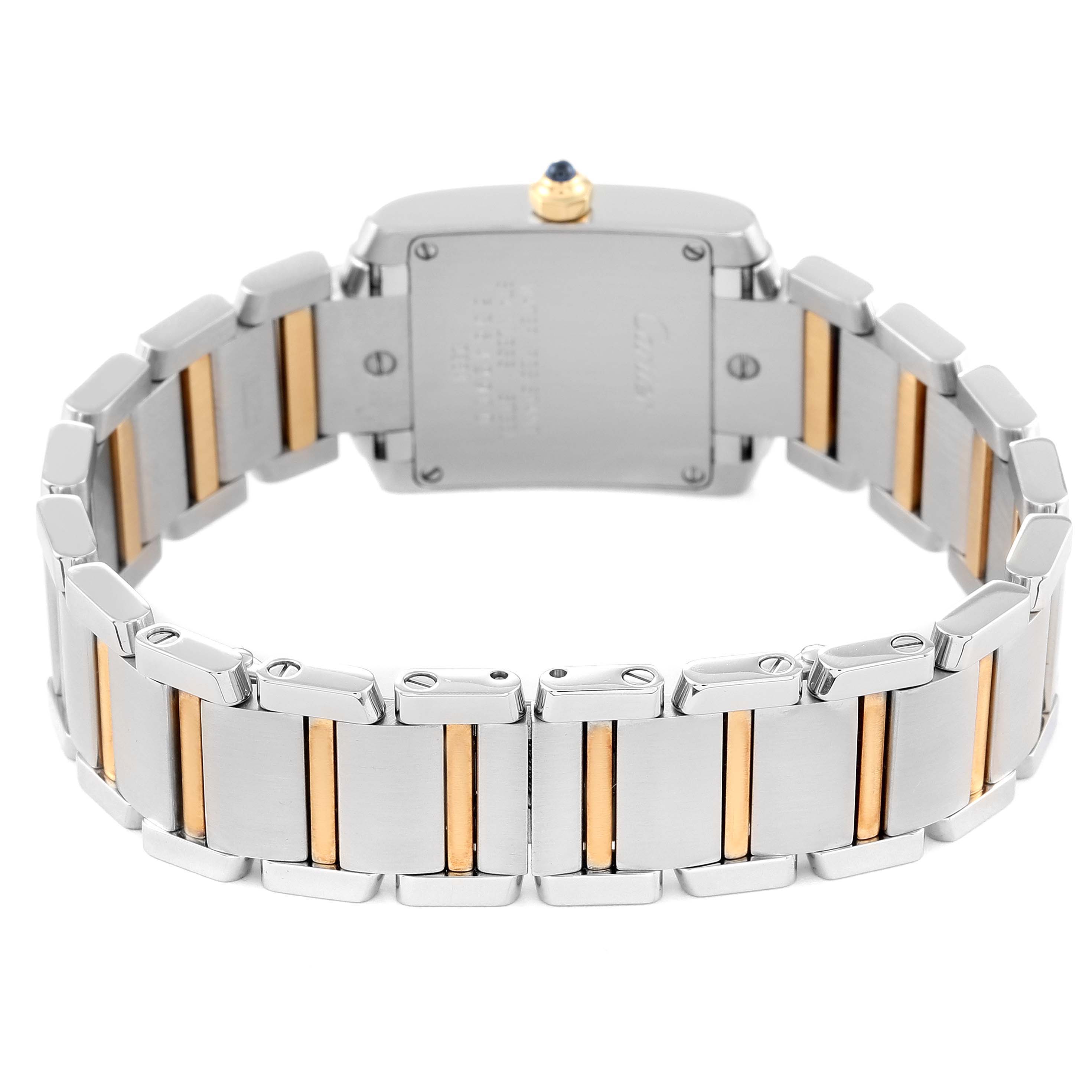 The image shows the back view of the Cartier Tank Francaise W51007Q4 Women
s Steel and Gold (two tone) Silver Dial W51007Q4 Women
s Steel and Gold (two tone) Silver Dial watch, highlighting its metal and gold bracelet.