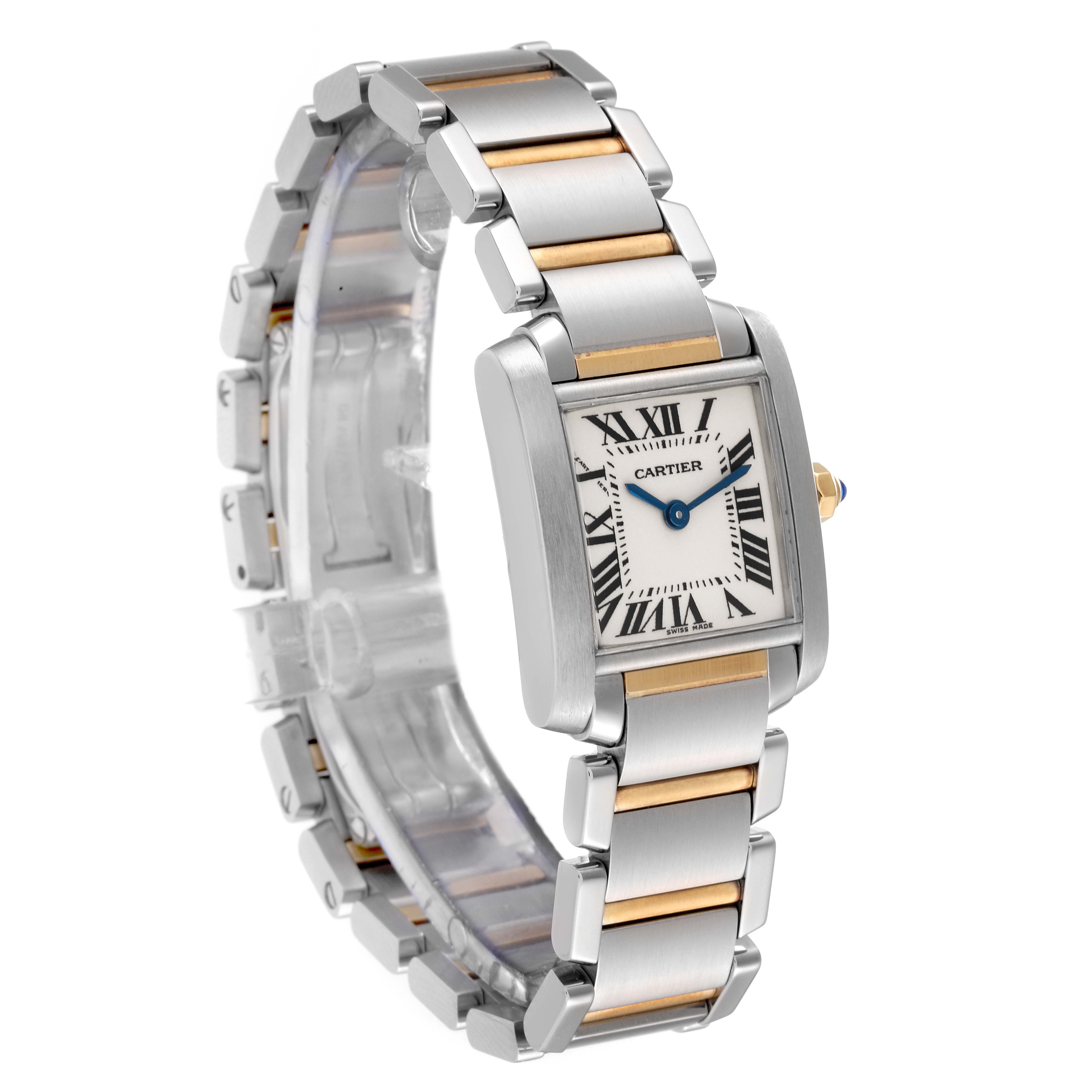 The Cartier Tank Francaise W51007Q4 Women
s Steel and Gold (two tone) Silver Dial W51007Q4 Women
s Steel and Gold (two tone) Silver Dial watch is shown from a three-quarter angle, displaying its face and bracelet.
