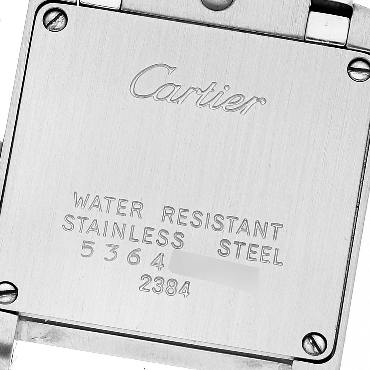 The image shows the back case of a Cartier Tank Française watch, highlighting its water resistance and stainless steel material.