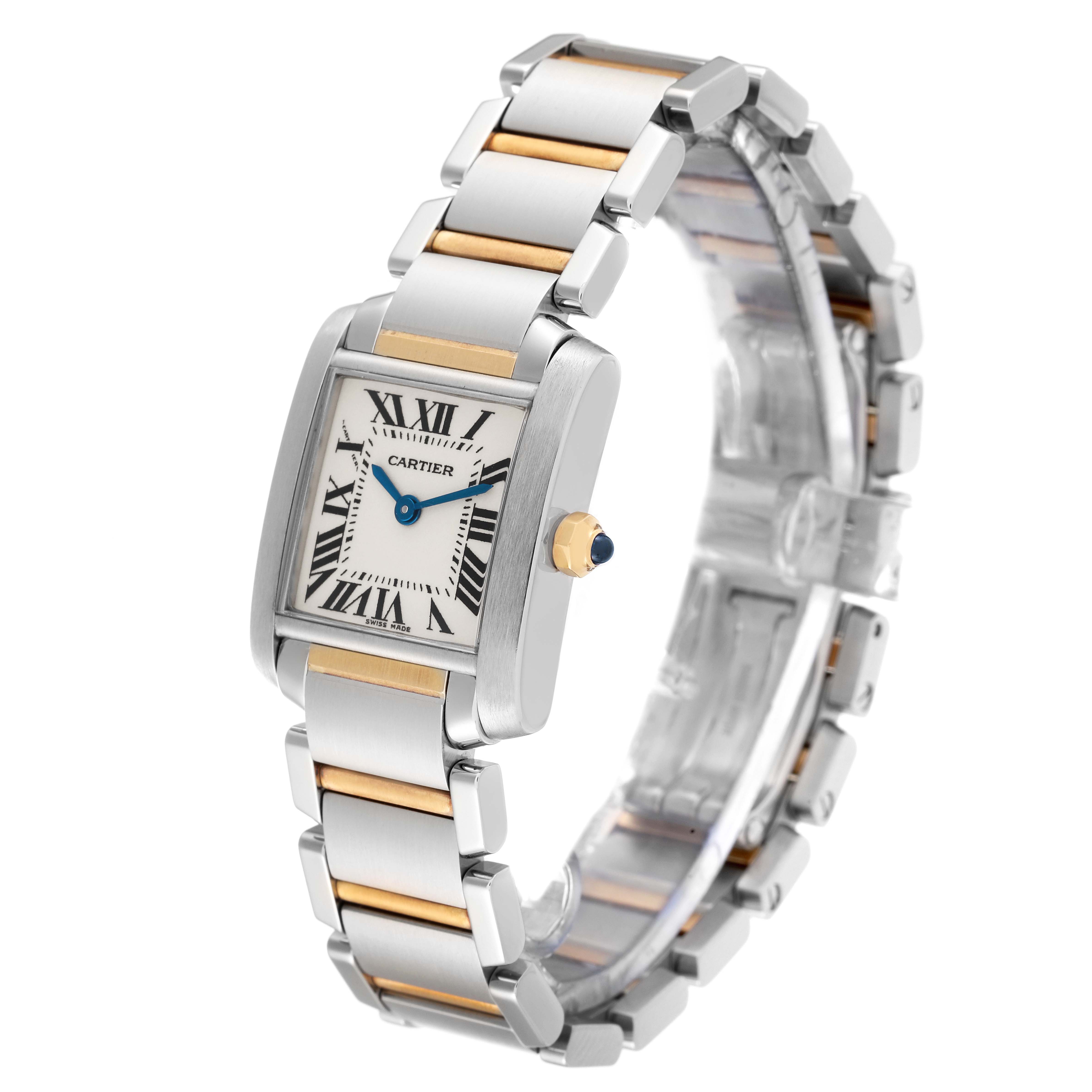 The image shows a Cartier Tank Francaise W51007Q4 Women
s Steel and Gold (two tone) Silver Dial W51007Q4 Women
s Steel and Gold (two tone) Silver Dial watch from a three-quarter angle, highlighting its rectangular dial and metal bracelet.