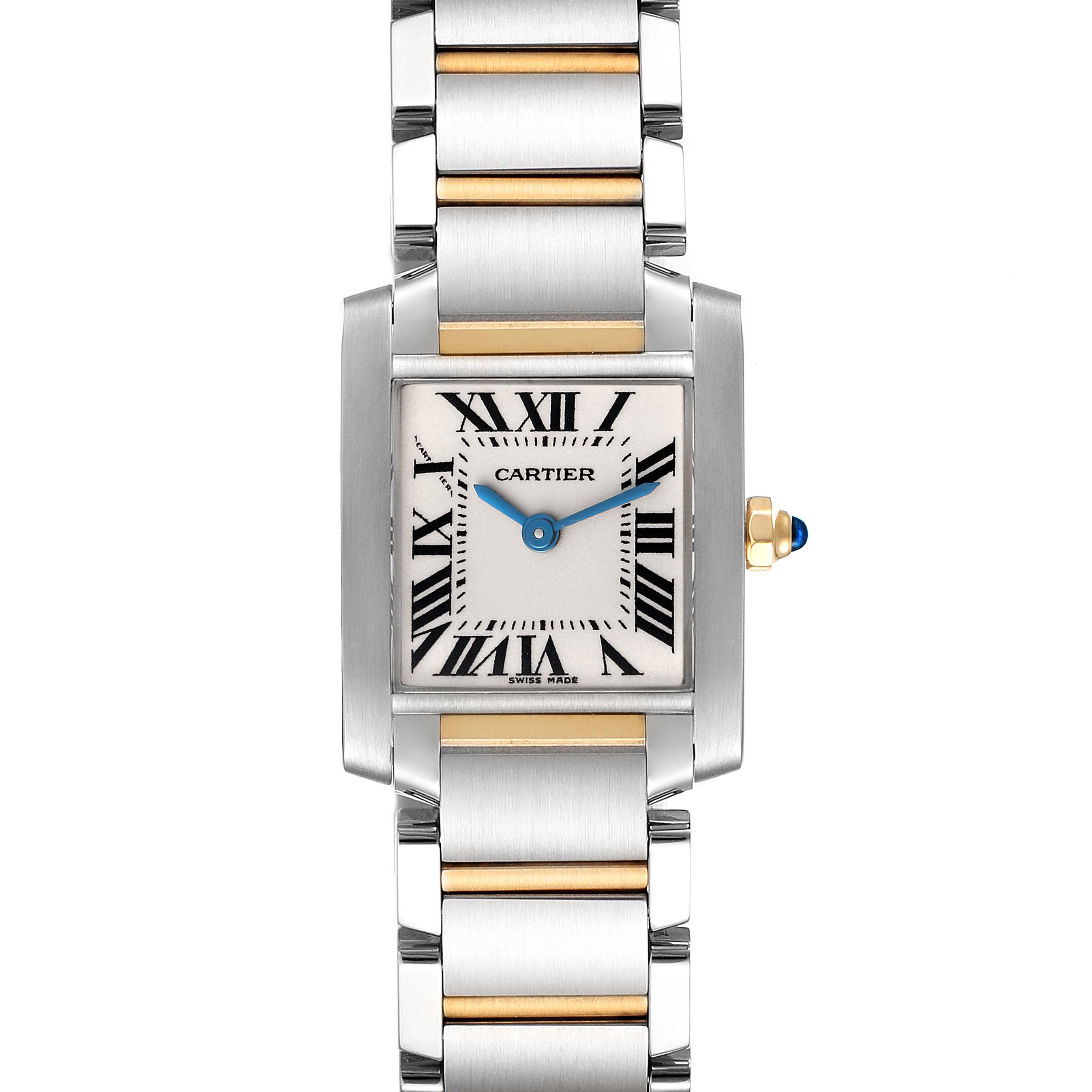 The image shows a frontal view of the Cartier Tank Francaise W51007Q4 Women
s Steel and Gold (two tone) Silver Dial W51007Q4 Women
s Steel and Gold (two tone) Silver Dial watch, including its face, bezel, and bracelet.