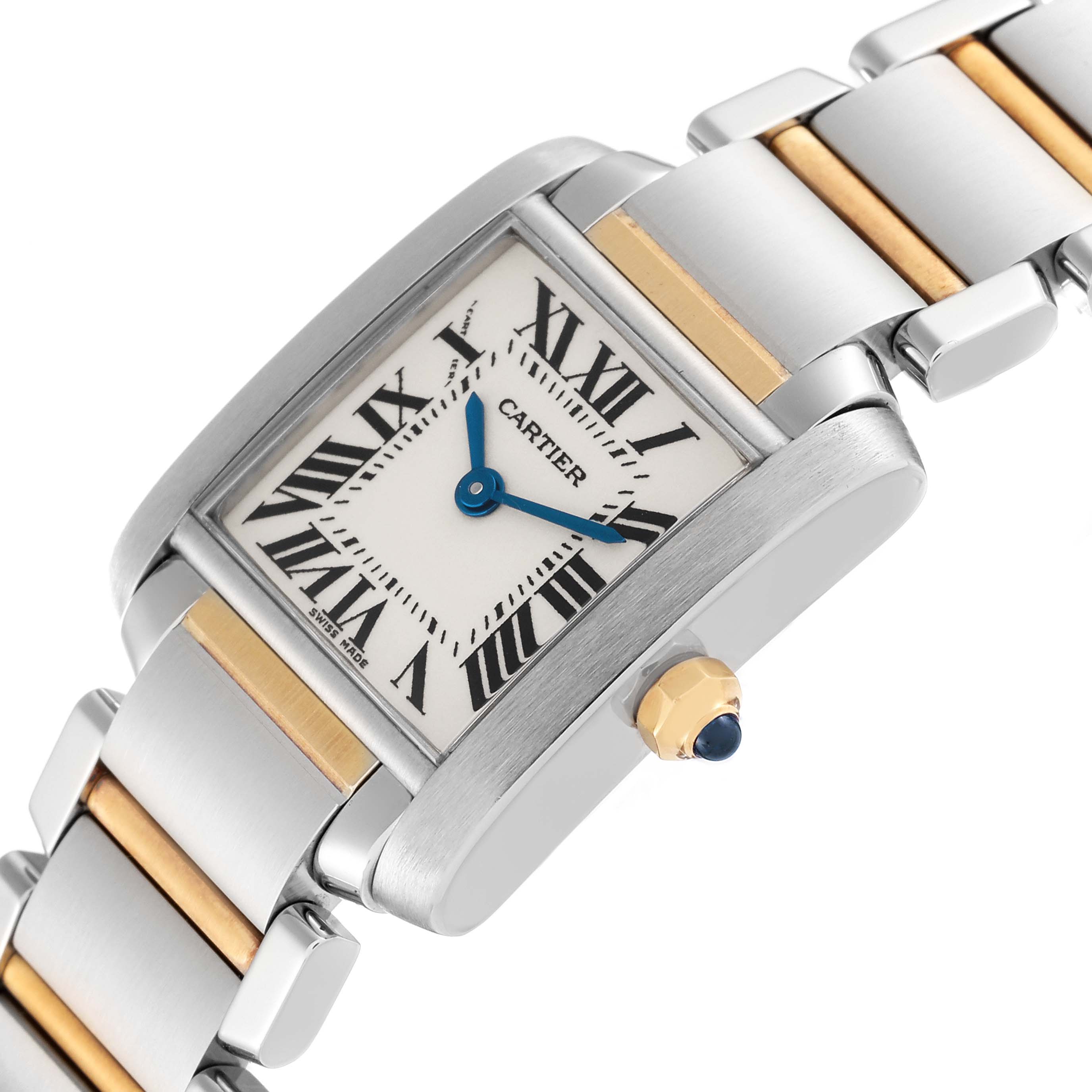 The Cartier Tank Francaise W51007Q4 Women
s Steel and Gold (two tone) Silver Dial W51007Q4 Women
s Steel and Gold (two tone) Silver Dial watch is shown at a diagonal angle highlighting its face, bracelet, and crown.