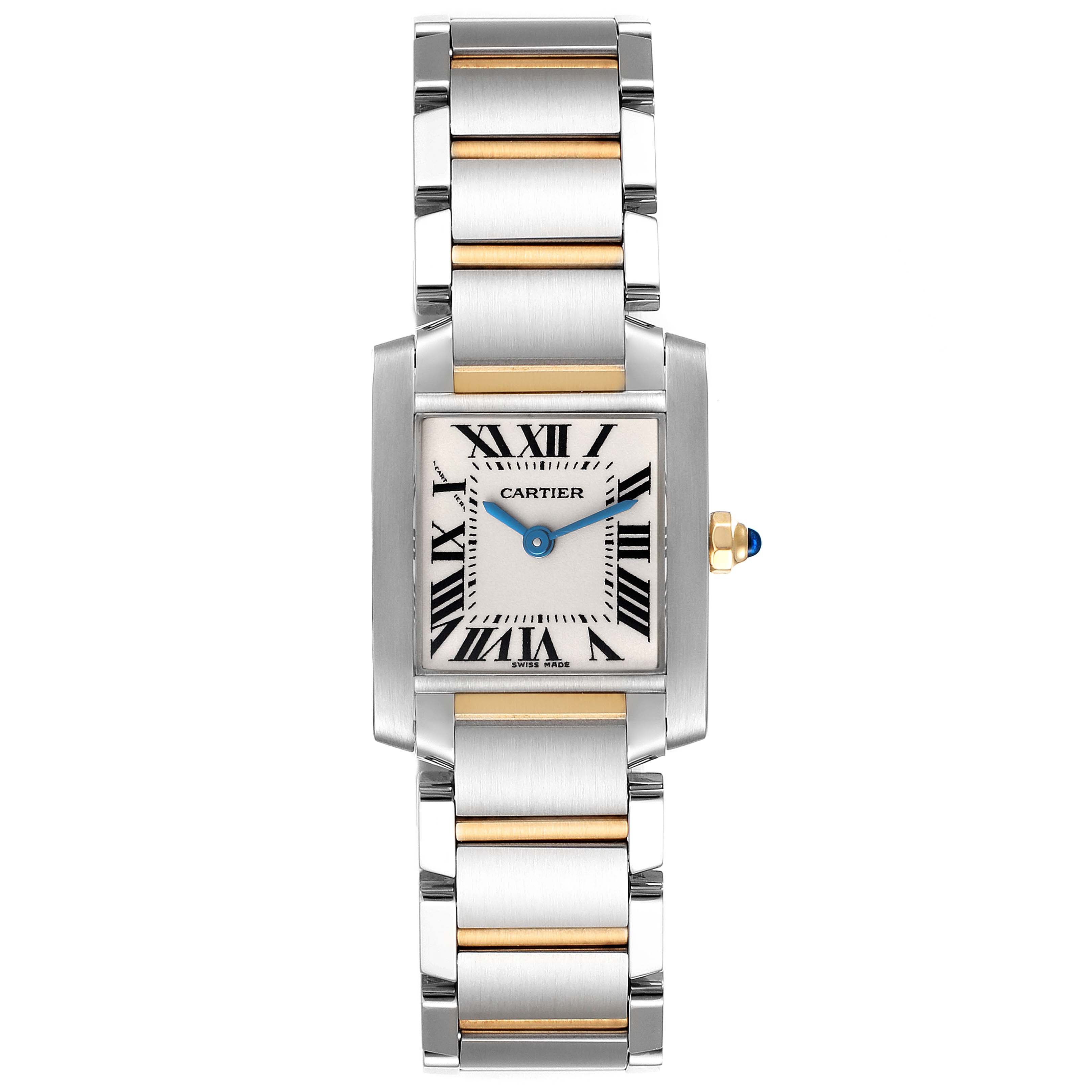 The image shows a frontal view of the Cartier Tank Francaise W51007Q4 Women
s Steel and Gold (two tone) Silver Dial W51007Q4 Women
s Steel and Gold (two tone) Silver Dial watch, displaying its face, bracelet, and crown.