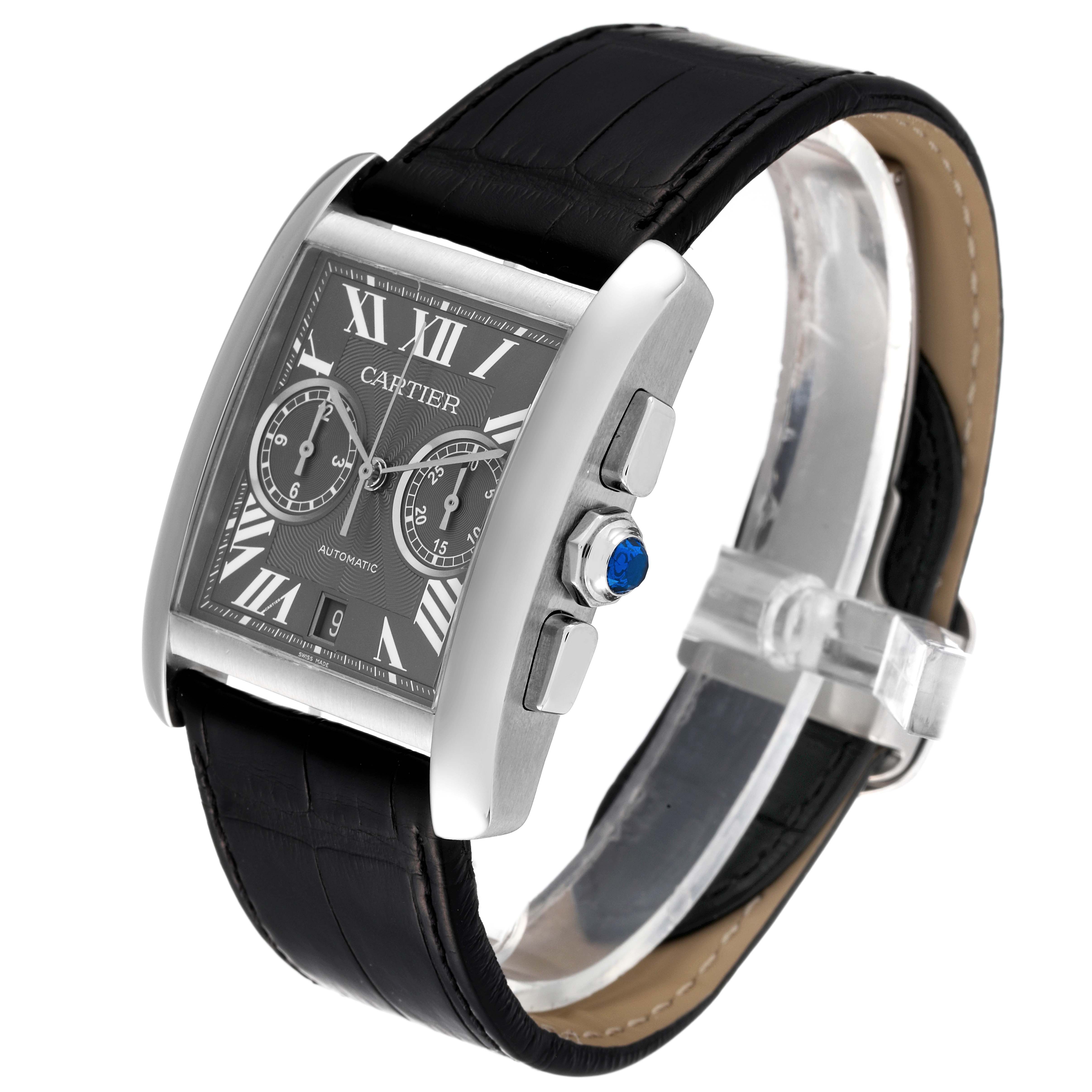 The image shows a Cartier Tank MC W5330008 Men's Stainless Steel Grey Dial W5330008 Men's Stainless Steel Grey Dial watch at a three-quarter angle, highlighting the face, crown, and part of the leather strap.