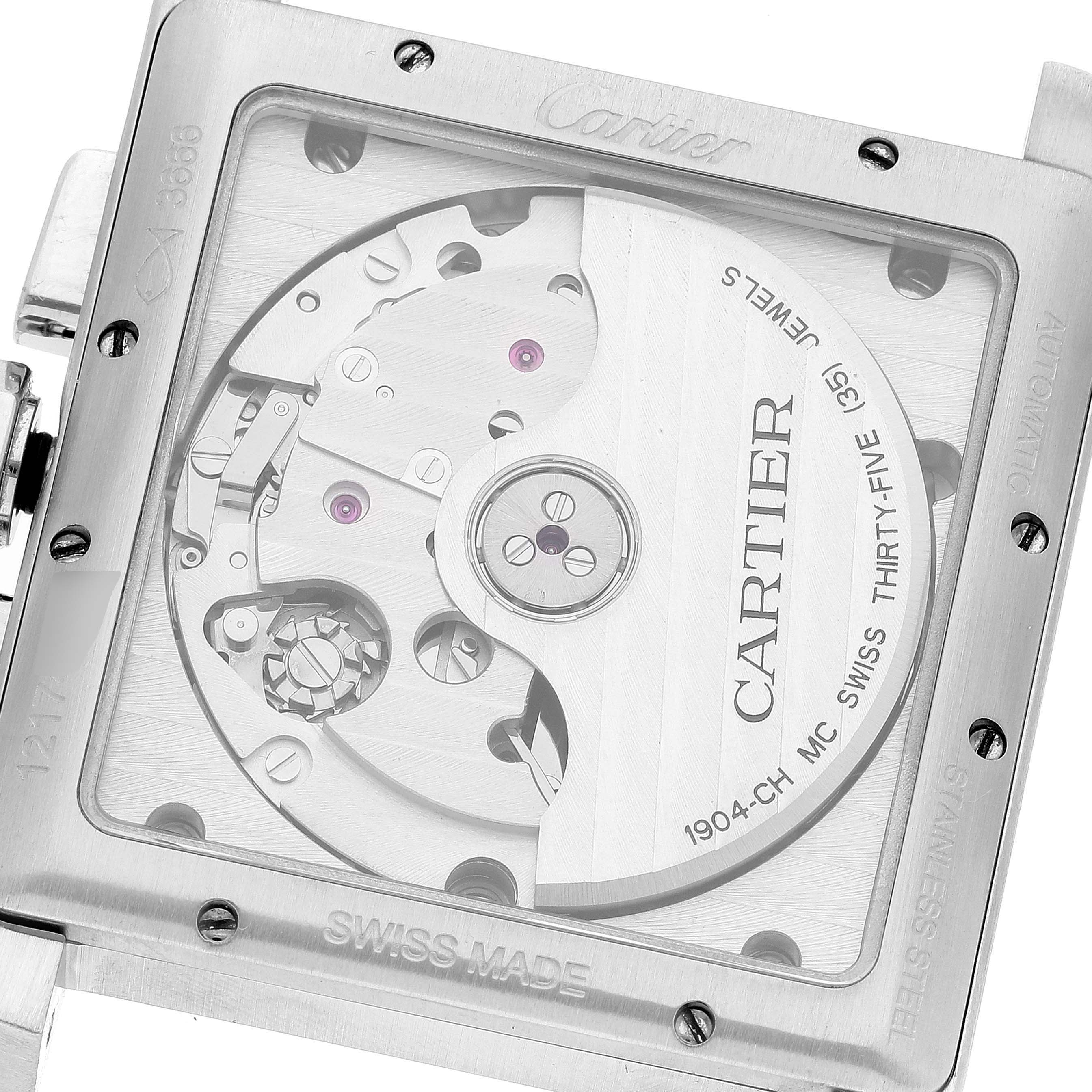The image shows the back view of the Cartier Tank MC W5330008 Men's Stainless Steel Grey Dial W5330008 Men's Stainless Steel Grey Dial watch, displaying its automatic movement and inner mechanisms.