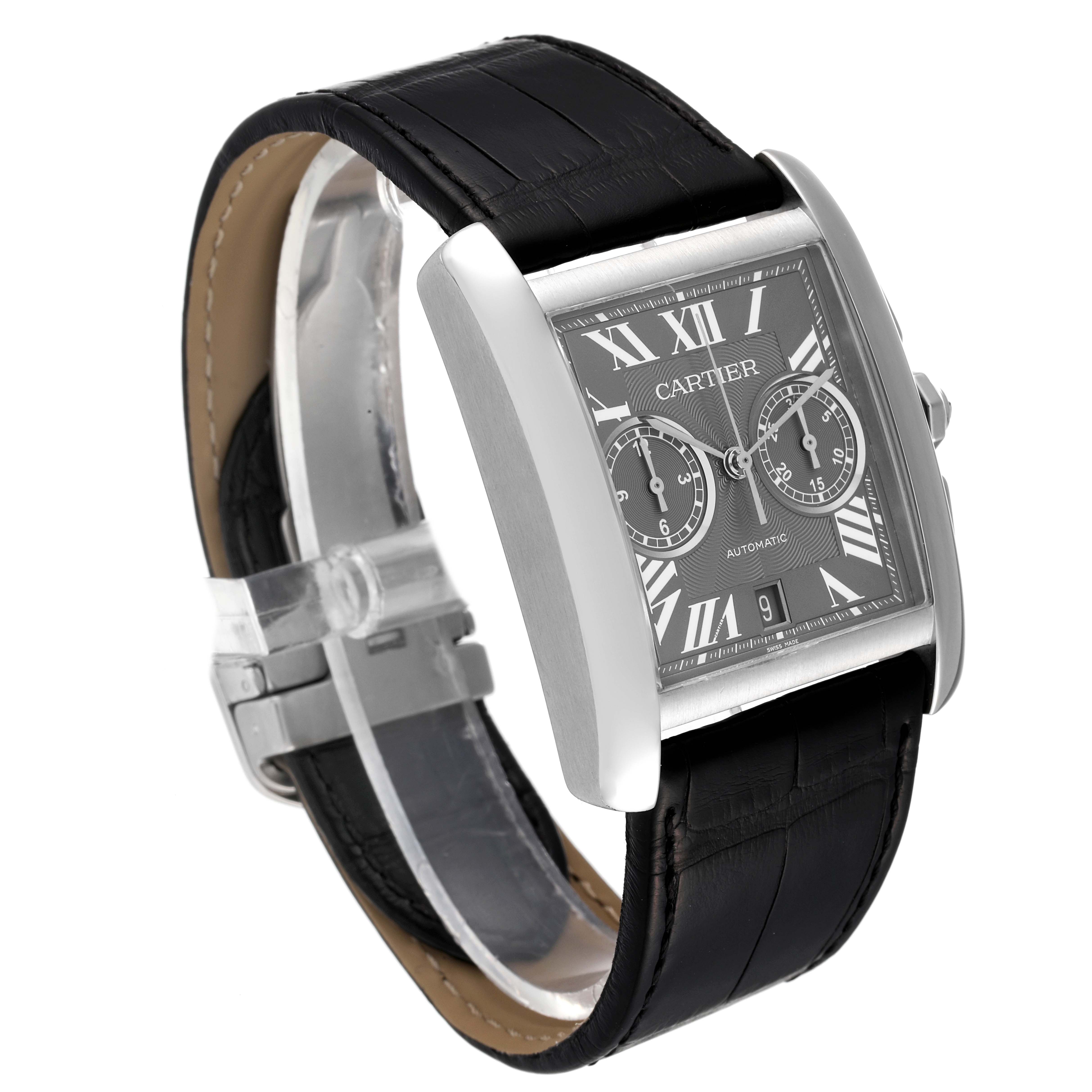 The Cartier Tank MC W5330008 Men's Stainless Steel Grey Dial W5330008 Men's Stainless Steel Grey Dial watch is shown at a three-quarter angle, displaying the face, case, and black leather strap.