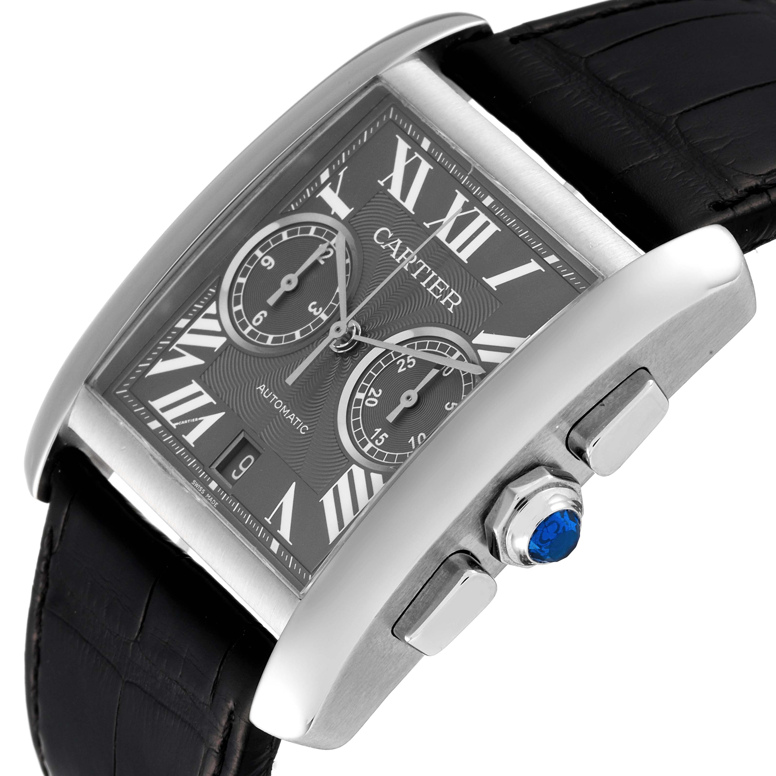 The image shows a side-angle view of the Cartier Tank MC W5330008 Men's Stainless Steel Grey Dial W5330008 Men's Stainless Steel Grey Dial watch, focusing on its case, dial, and crown.