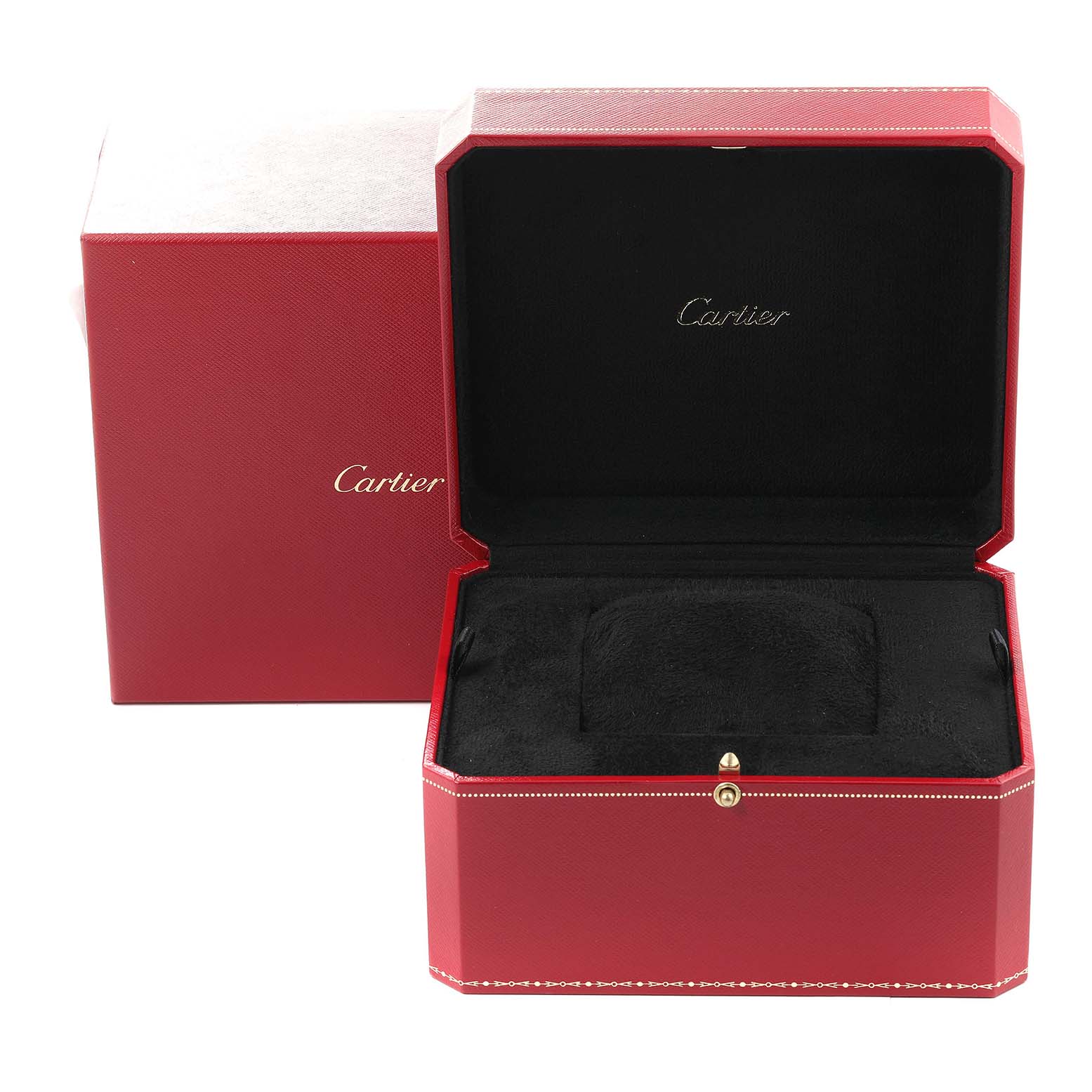 The image shows an open red Cartier watch box and outer case for a Cartier Tank MC W5330008 Men's Stainless Steel Grey Dial W5330008 Men's Stainless Steel Grey Dial model.