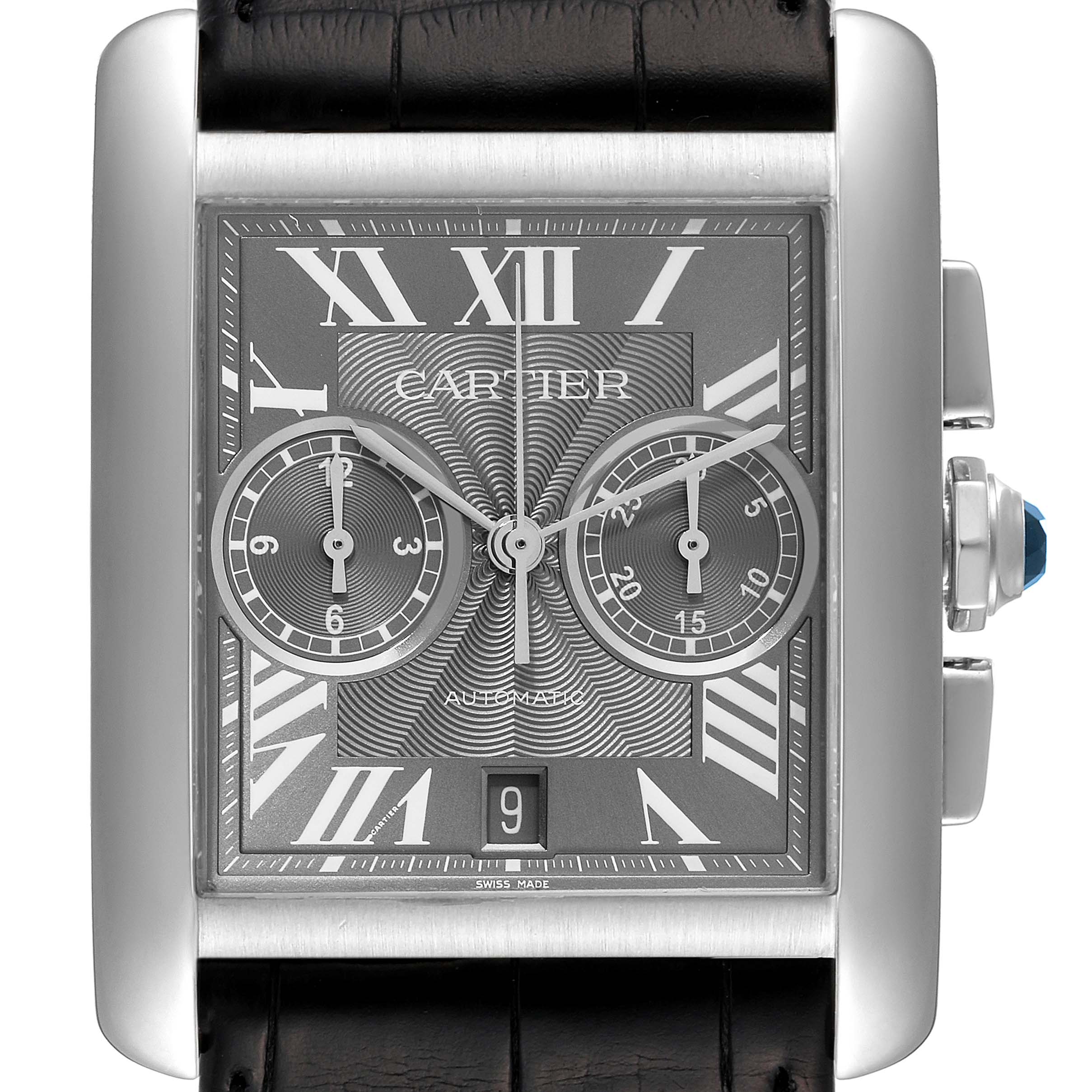 The image shows a front view of the Cartier Tank MC W5330008 Men's Stainless Steel Grey Dial W5330008 Men's Stainless Steel Grey Dial watch, highlighting its rectangular dial, chronograph subdials, date window, and leather strap.