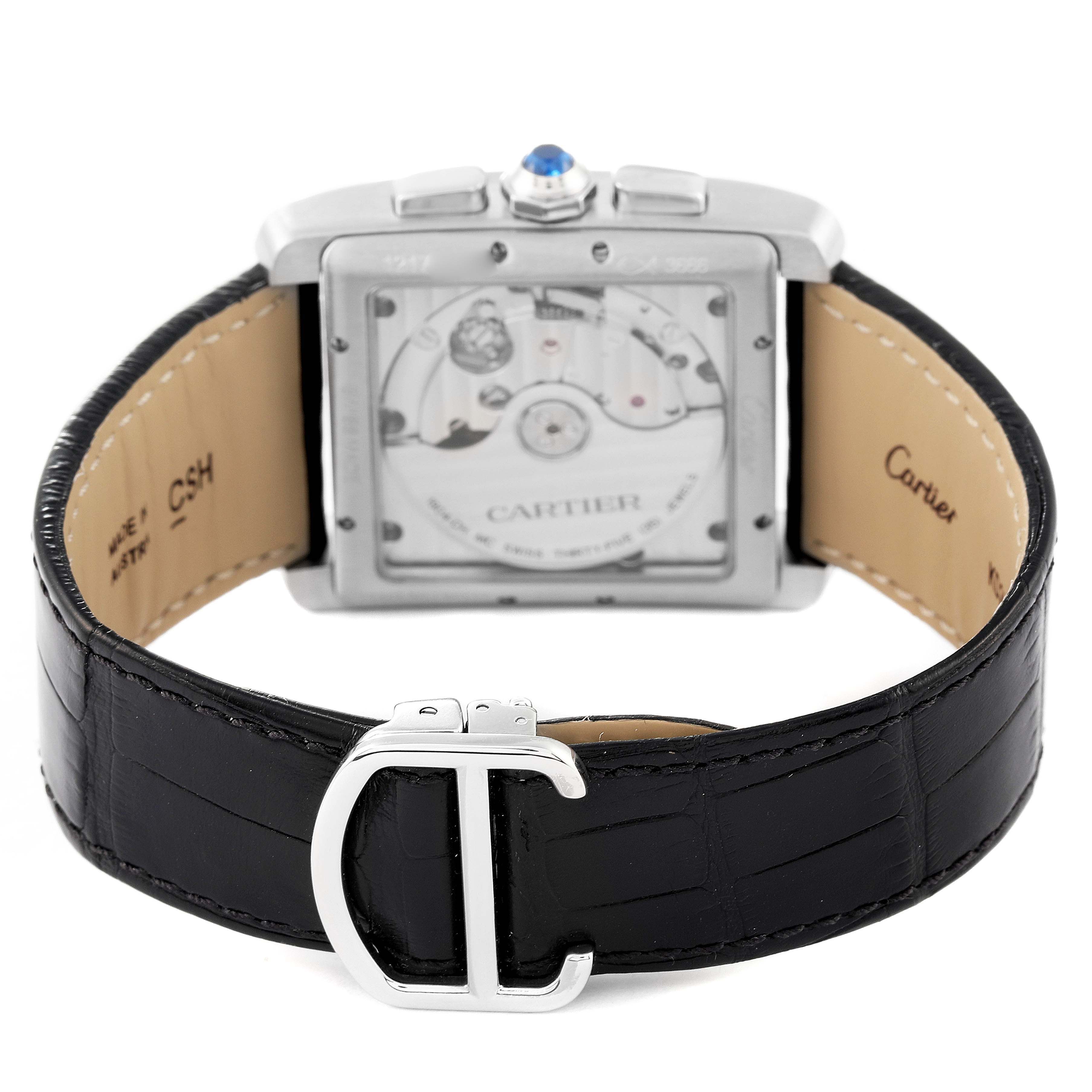 The image shows the back view of a Cartier Tank MC W5330008 Men's Stainless Steel Grey Dial W5330008 Men's Stainless Steel Grey Dial watch, highlighting its movement through a transparent case back and black leather strap.