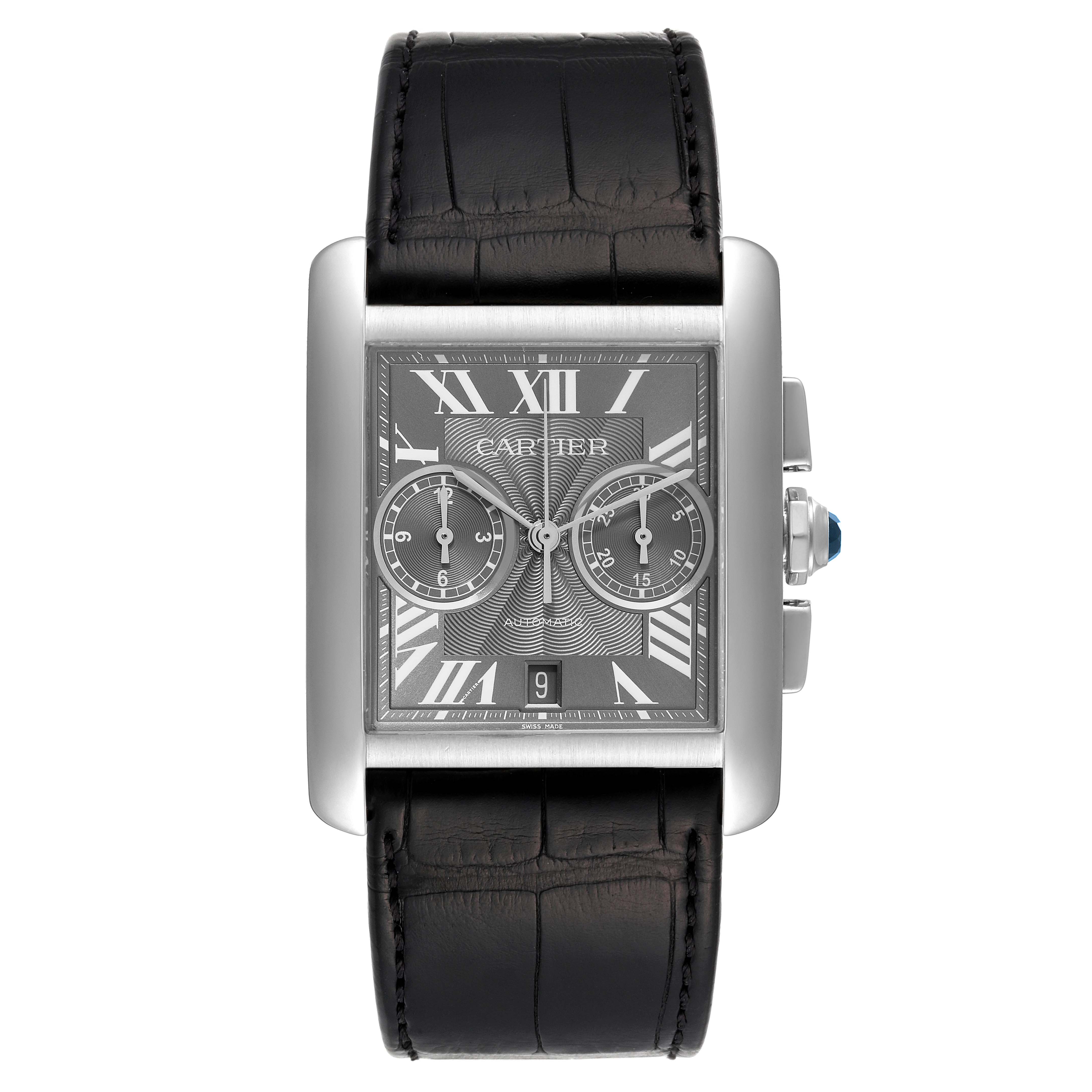 This image shows a front view of the Cartier Tank MC W5330008 Men's Stainless Steel Grey Dial W5330008 Men's Stainless Steel Grey Dial watch, highlighting its rectangular face, Roman numerals, and black leather strap.