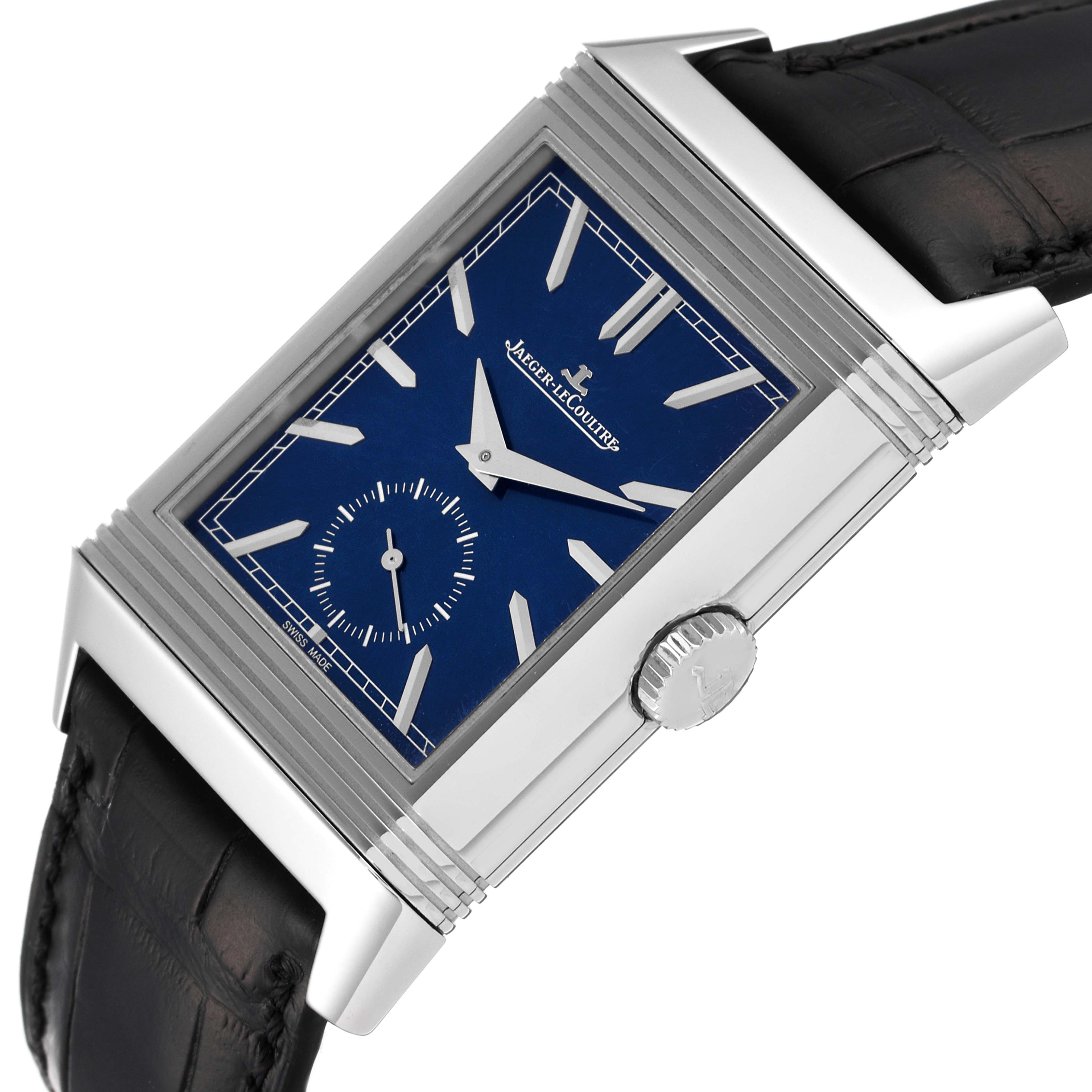 The image shows the face, bezel, crown, and part of the strap of a Jaeger-LeCoultre Reverso watch at an angled view.