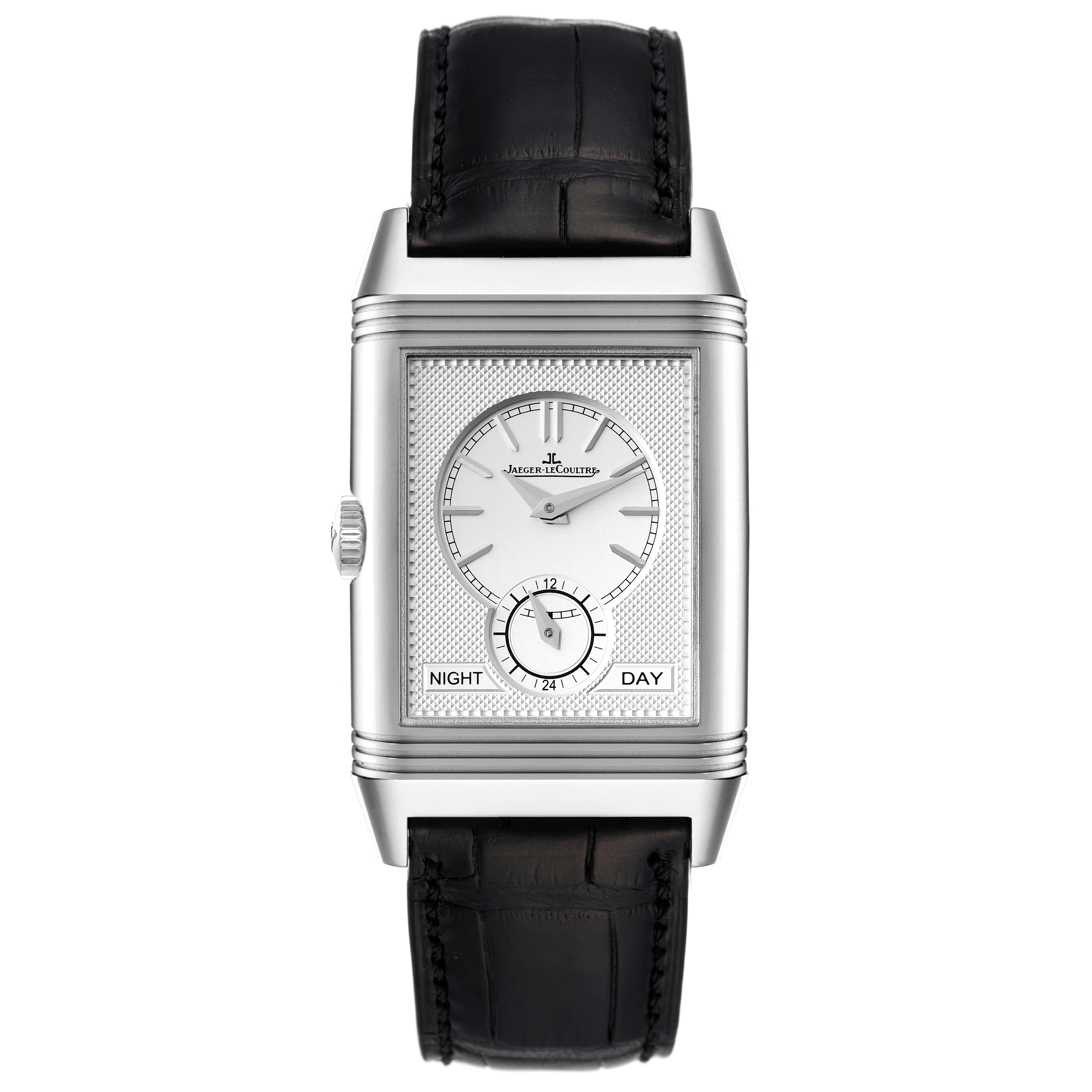 This image shows a front view of the Jaeger-LeCoultre Reverso watch, displaying its face and leather strap.