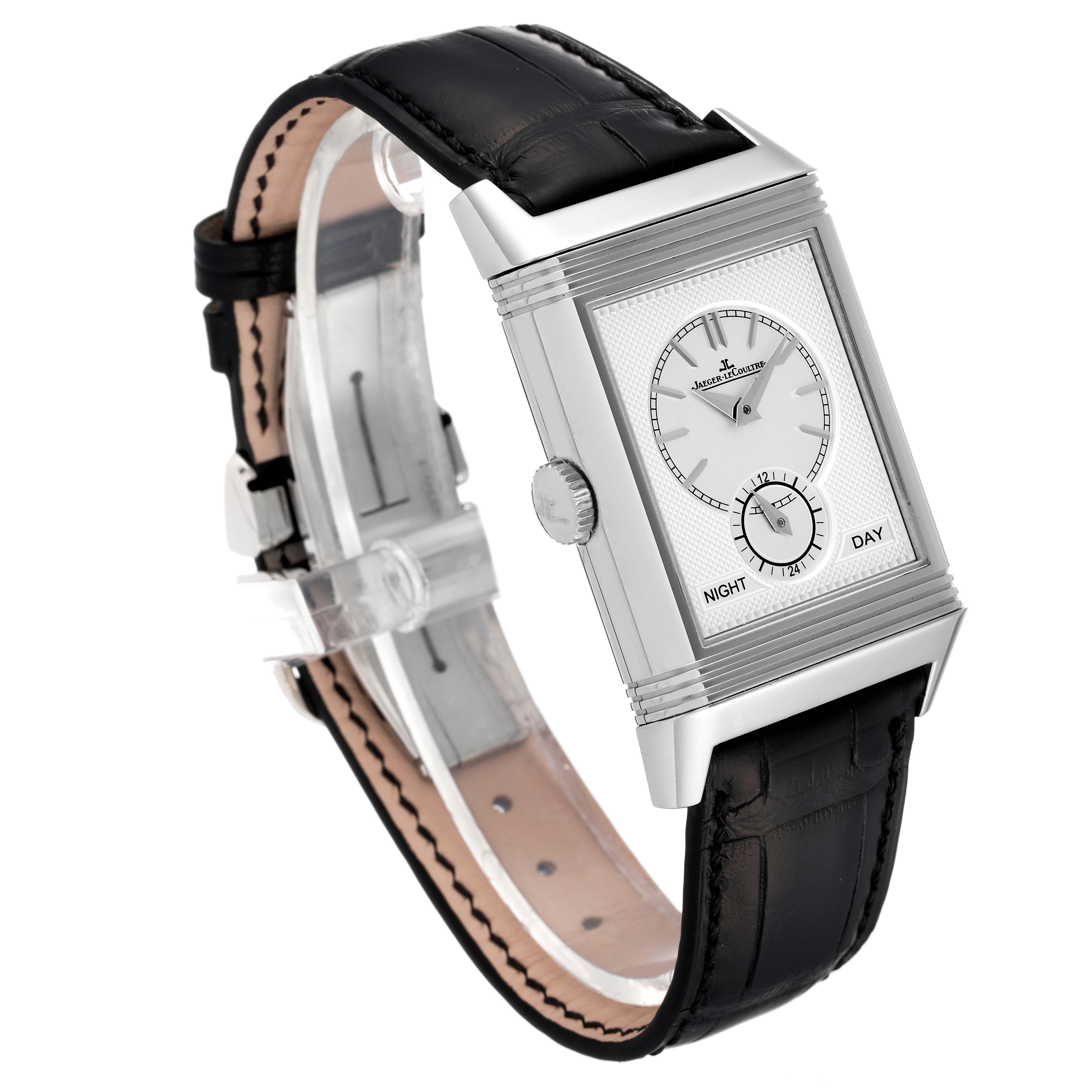 The image shows the front and side view of a Jaeger LeCoultre Reverso Q3988482 Men's Stainless Steel Blue Dial Q3988482 Men's Stainless Steel Blue Dial watch with a black leather strap.