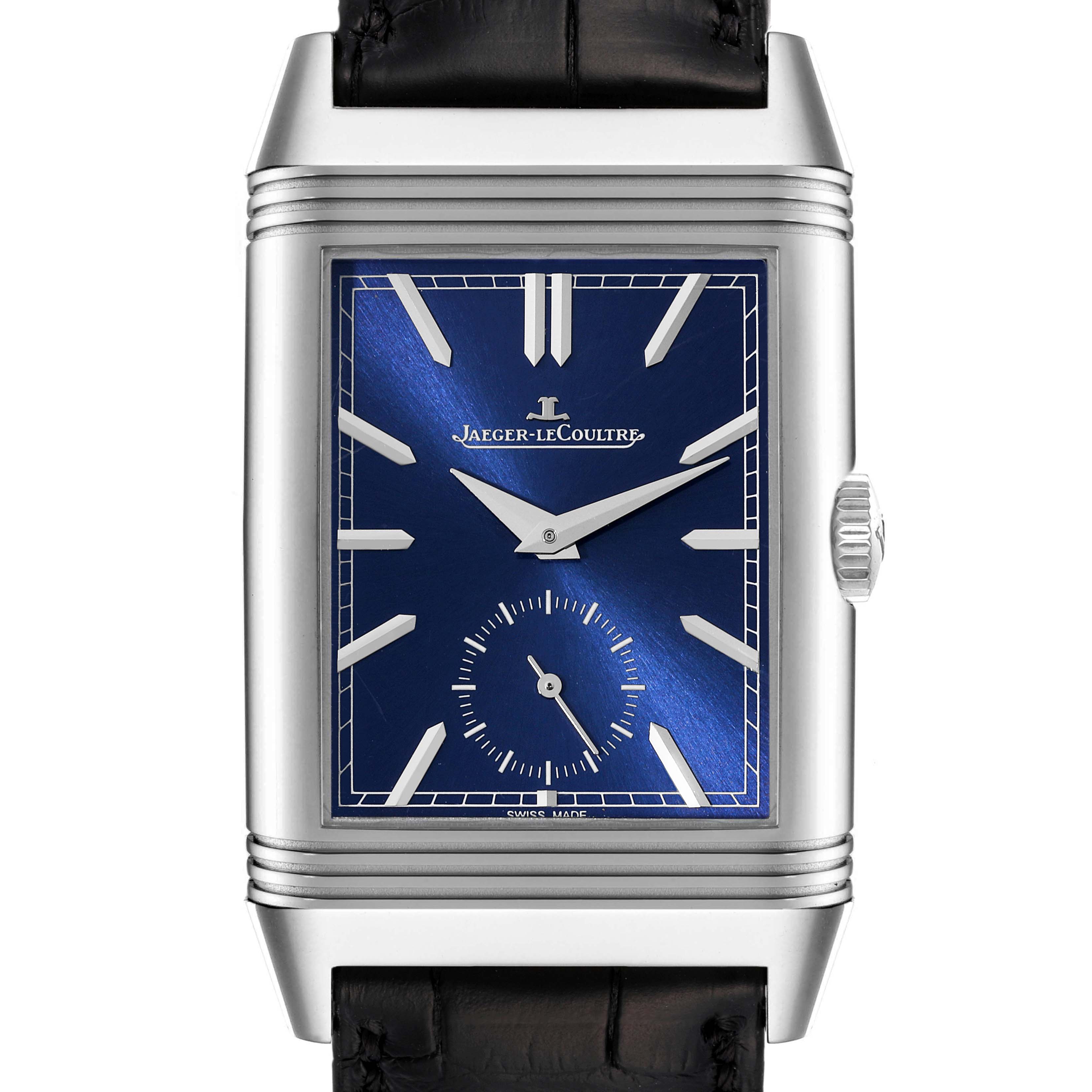 This image shows a front view of the Jaeger-LeCoultre Reverso watch, highlighting its rectangular blue dial and stainless steel case.
