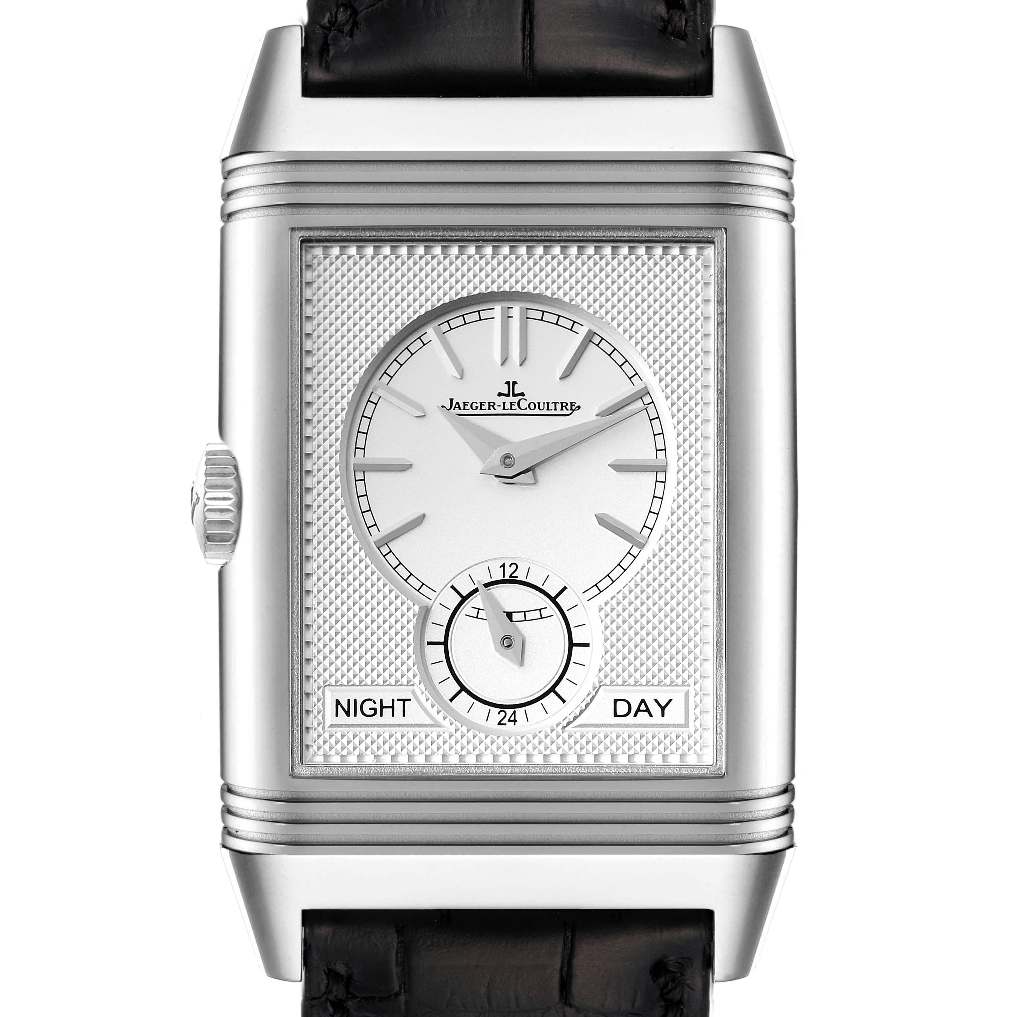The image shows the front view of a Jaeger-LeCoultre Reverso watch displaying its dial and case.