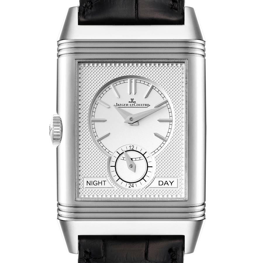 The image shows the front view of a Jaeger-LeCoultre Reverso watch displaying its dial and case.