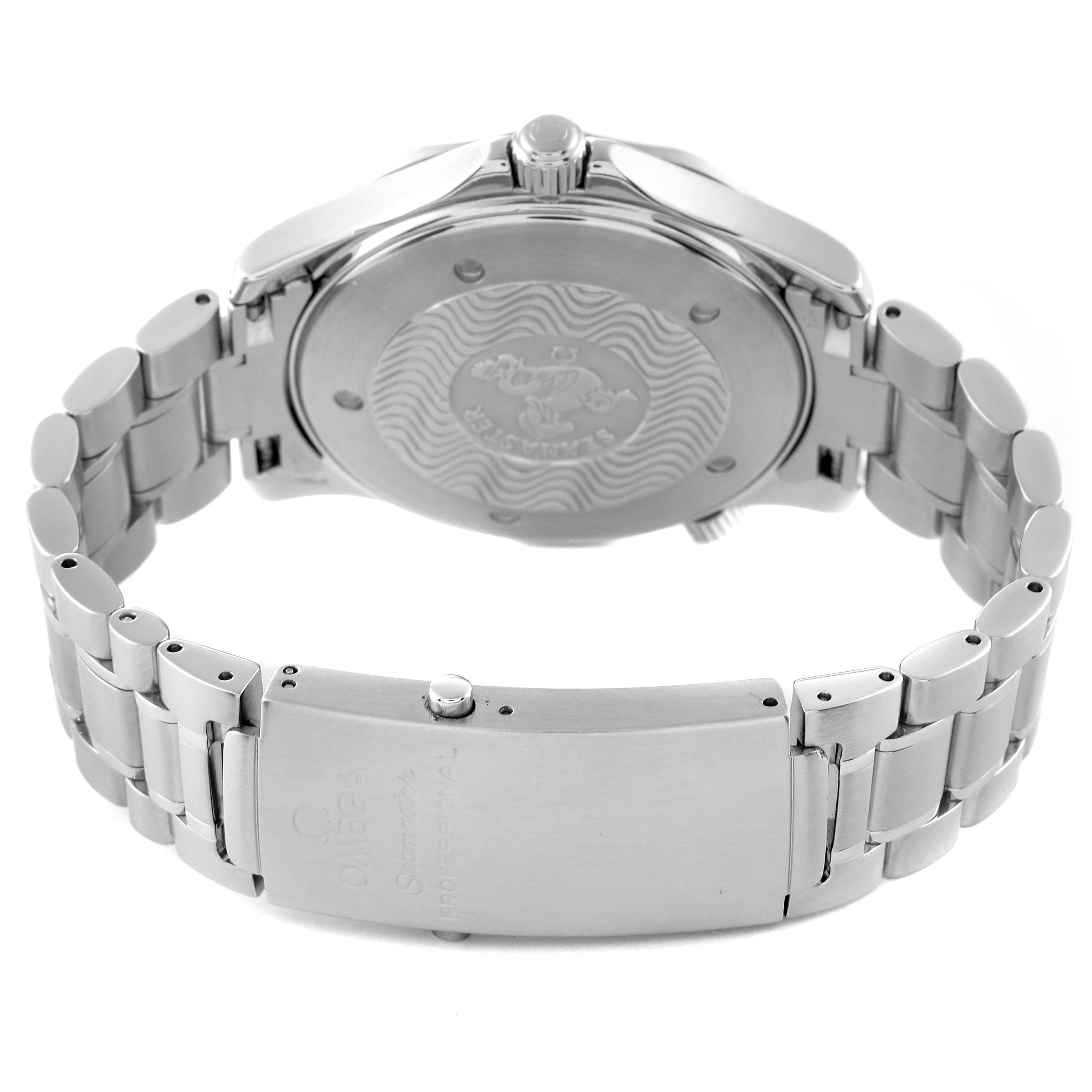 The image shows the back case and clasp of an Omega Seamaster 2264.50.00 Men's Stainless Steel Black Dial 2264.50.00 Men's Stainless Steel Black Dial watch, with the bracelet visible.