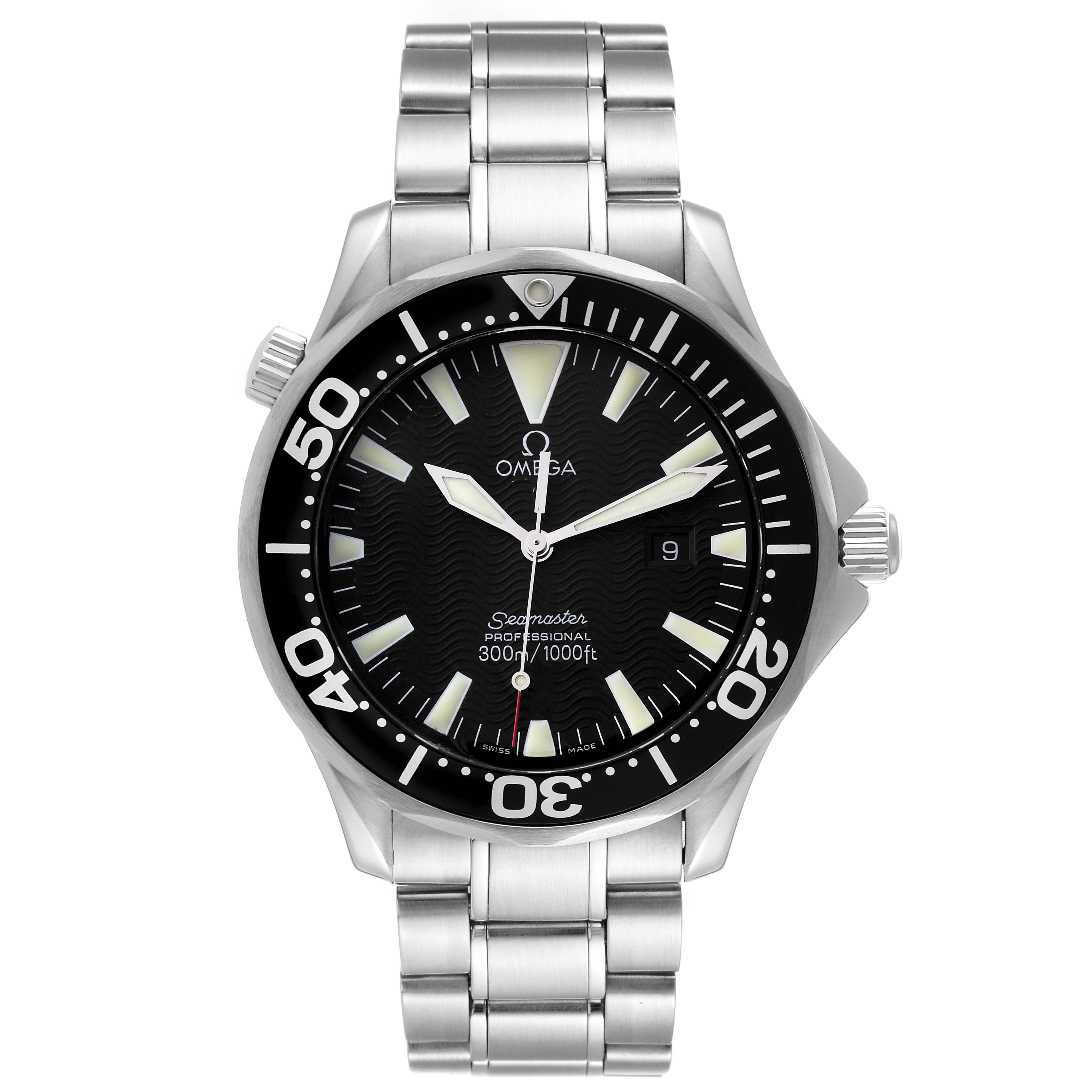 The image shows a front view of an Omega Seamaster 2264.50.00 Men's Stainless Steel Black Dial 2264.50.00 Men's Stainless Steel Black Dial model watch, displaying the dial, bezel, crown, and stainless steel bracelet.