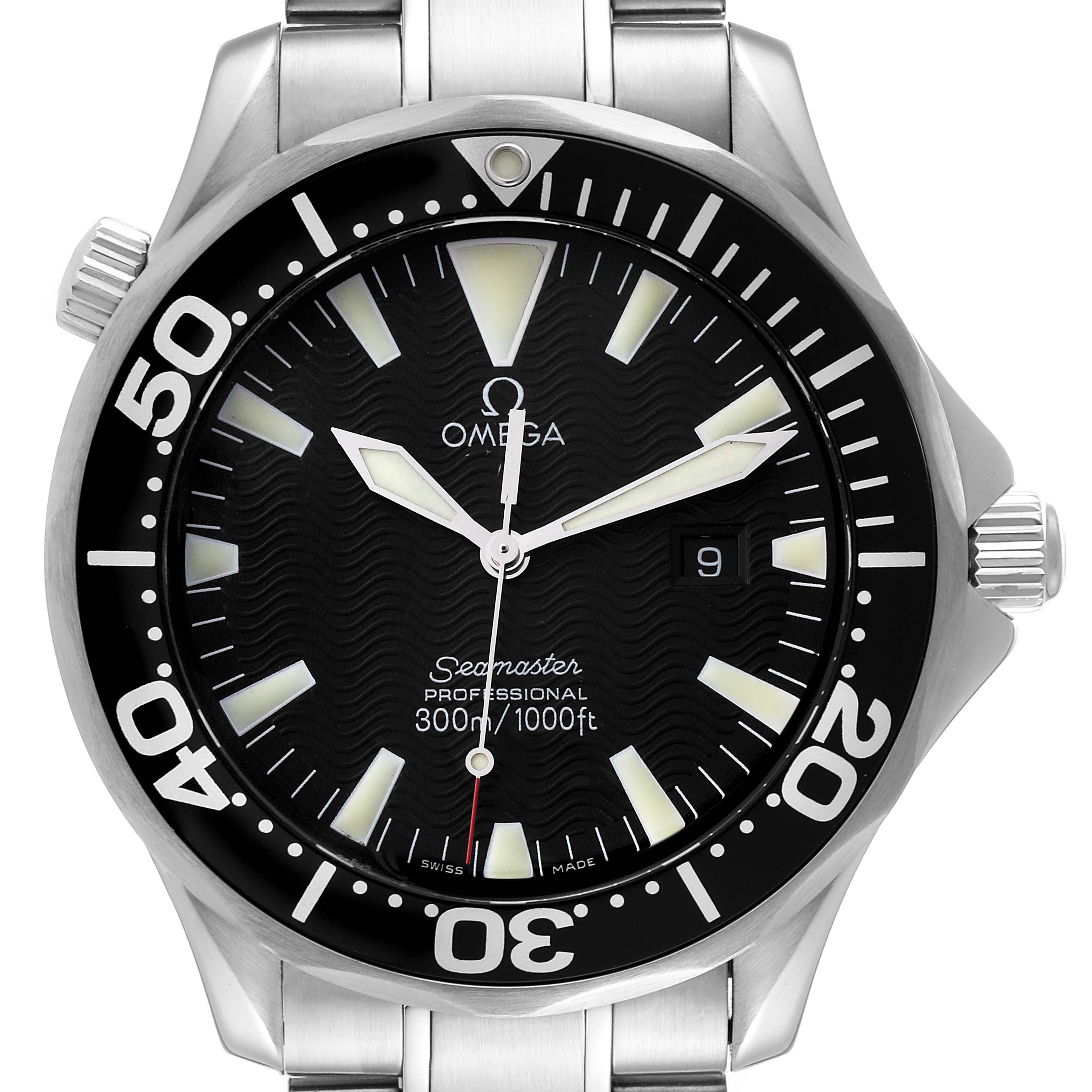 The image shows a front view of the Omega Seamaster 2264.50.00 Men's Stainless Steel Black Dial 2264.50.00 Men's Stainless Steel Black Dial watch, highlighting its dial, bezel, crown, and bracelet.