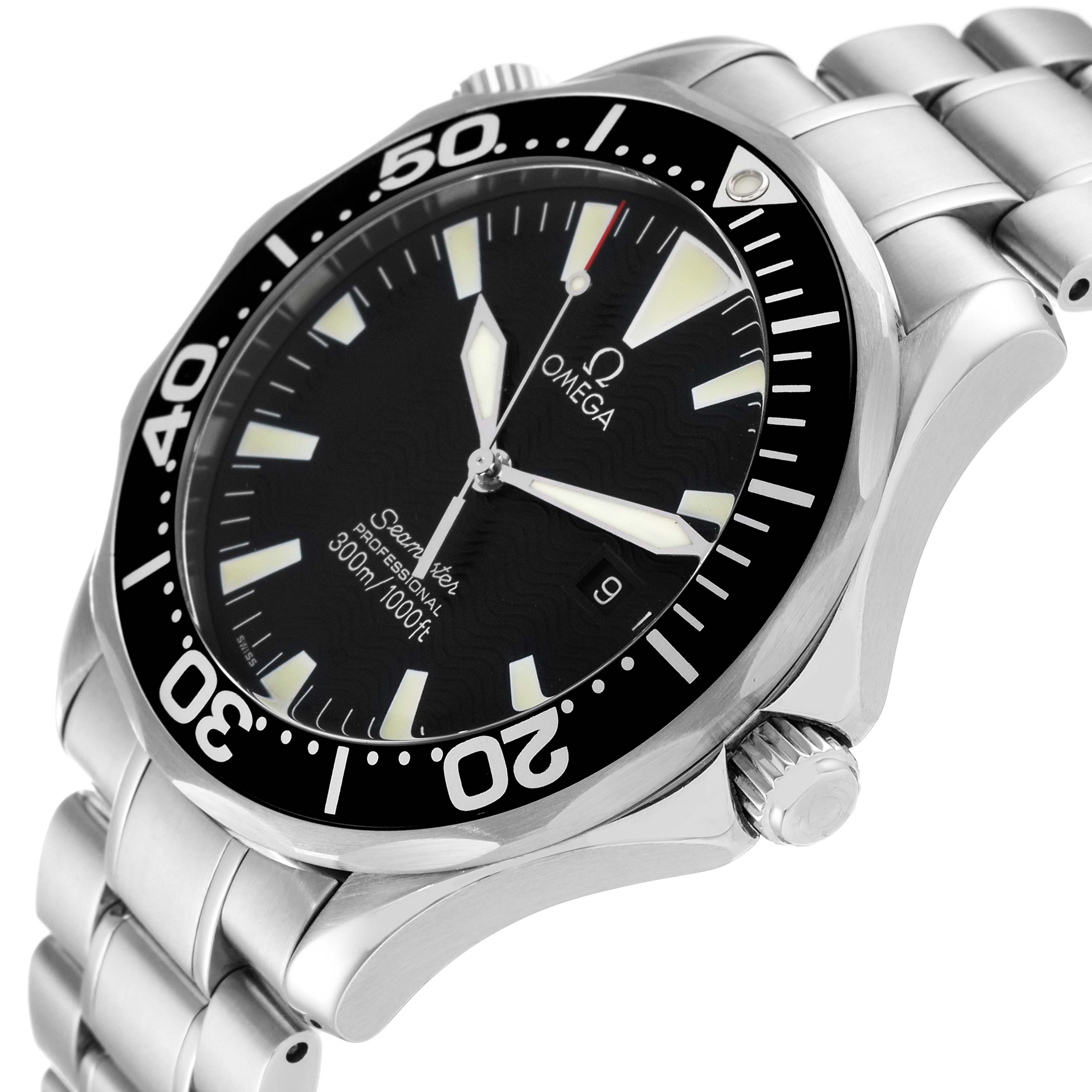 This image shows an Omega Seamaster 2264.50.00 Men's Stainless Steel Black Dial 2264.50.00 Men's Stainless Steel Black Dial watch from a side angle, highlighting the face, bezel, crown, and stainless steel bracelet.