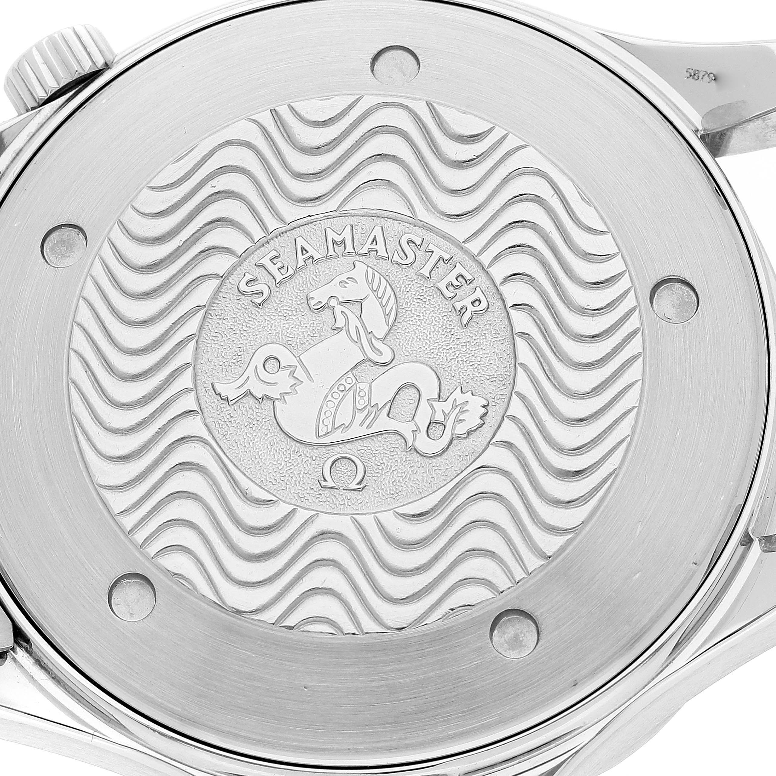 The image shows the back case and crown of an Omega Seamaster 2264.50.00 Men's Stainless Steel Black Dial 2264.50.00 Men's Stainless Steel Black Dial watch at an angled view.