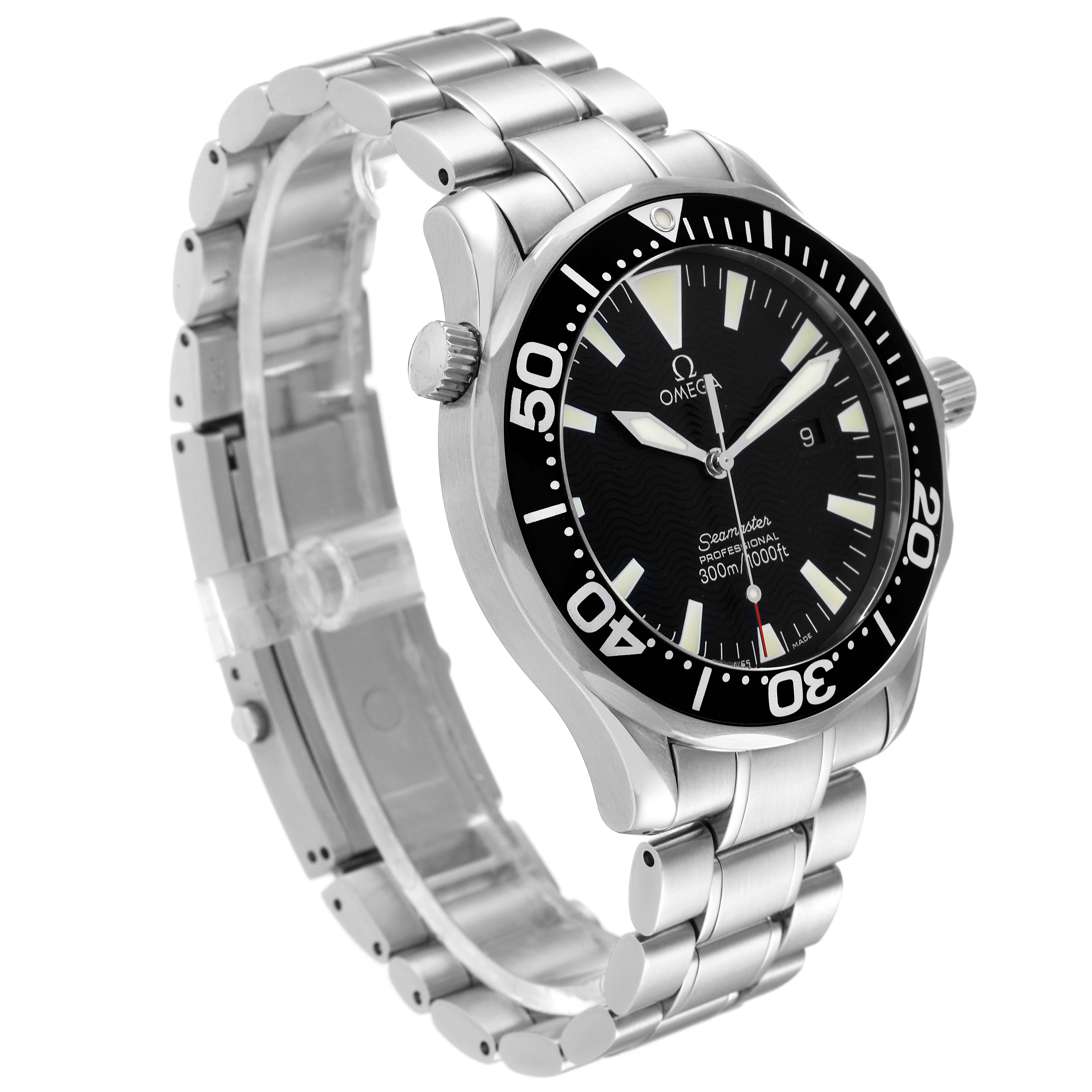 The image shows an angled view of an Omega Seamaster 2264.50.00 Men's Stainless Steel Black Dial 2264.50.00 Men's Stainless Steel Black Dial watch, highlighting its black dial, bezel, and stainless steel bracelet.