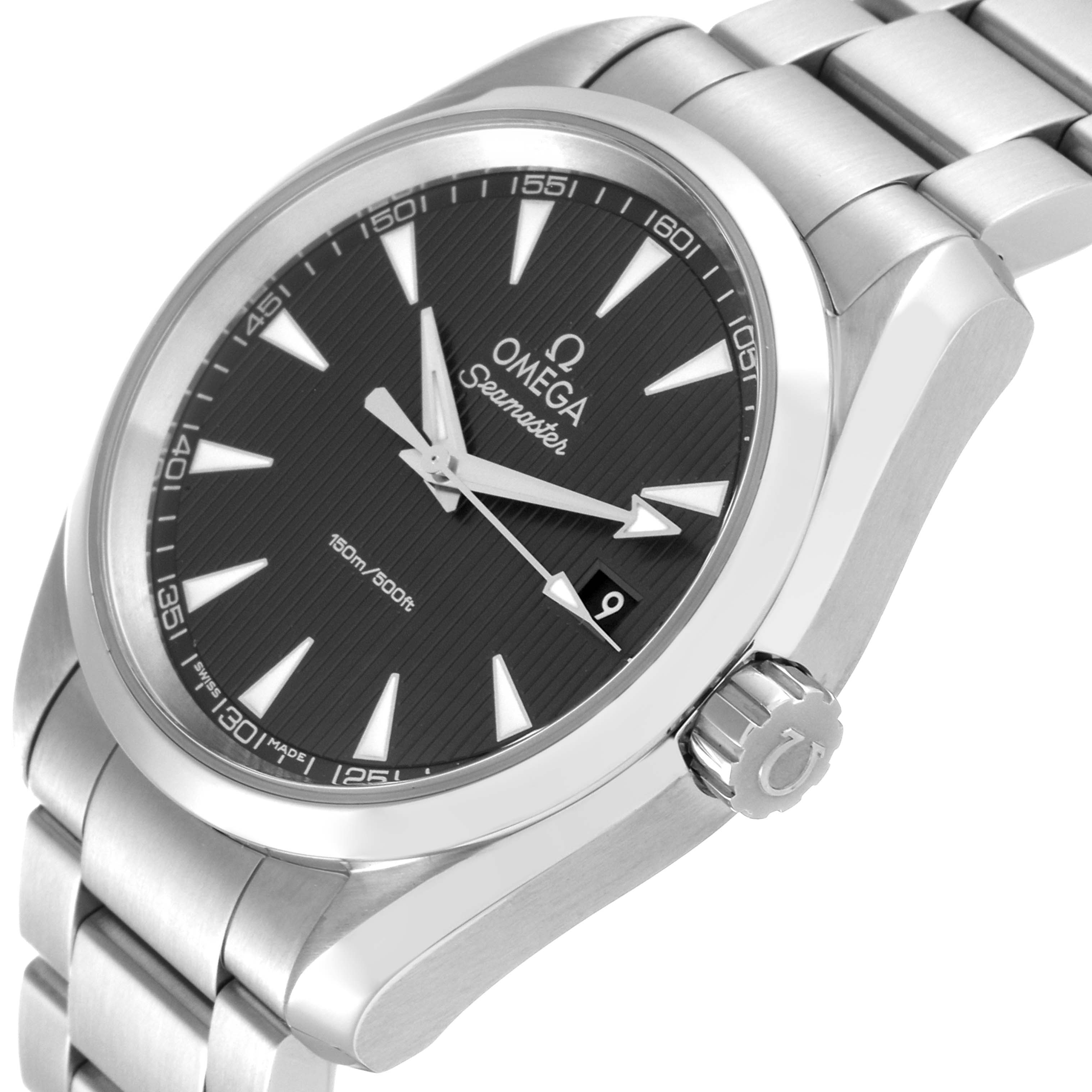 The Omega Aqua Terra 231.10.39.60.06.001 Men
s Stainless Steel Grey Dial 231.10.39.60.06.001 Men
s Stainless Steel Grey Dial watch is shown at a three-quarter angle, highlighting its face, bracelet, and crown.