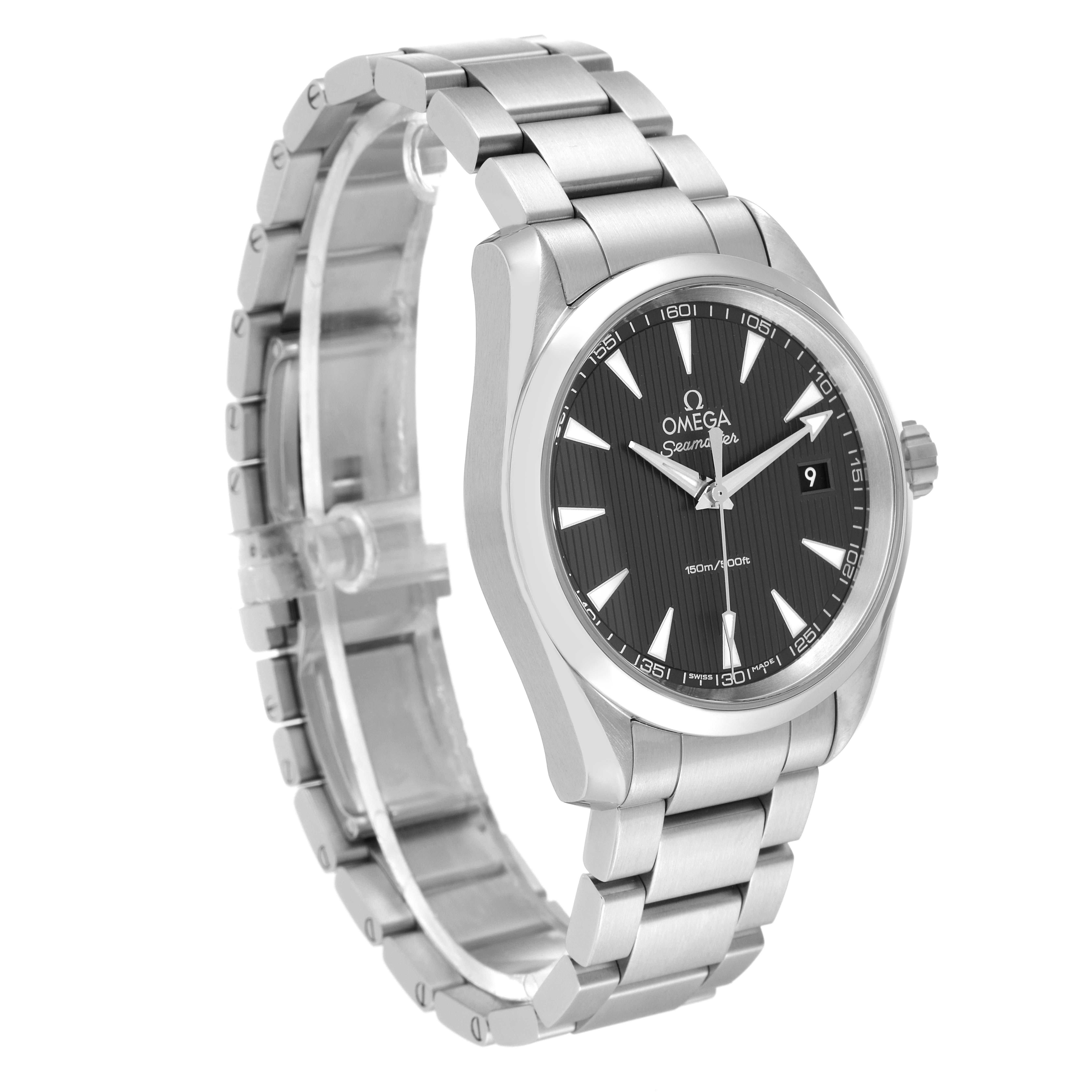 The Omega Aqua Terra 231.10.39.60.06.001 Men
s Stainless Steel Grey Dial 231.10.39.60.06.001 Men
s Stainless Steel Grey Dial watch is shown at a three-quarter angle, displaying the face, bezel, bracelet, and crown.