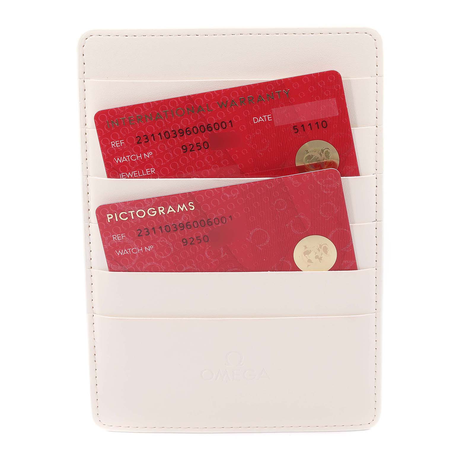 The image shows the warranty and pictogram cards for the Omega Aqua Terra 231.10.39.60.06.001 Men
s Stainless Steel Grey Dial 231.10.39.60.06.001 Men
s Stainless Steel Grey Dial watch model in a white cardholder.