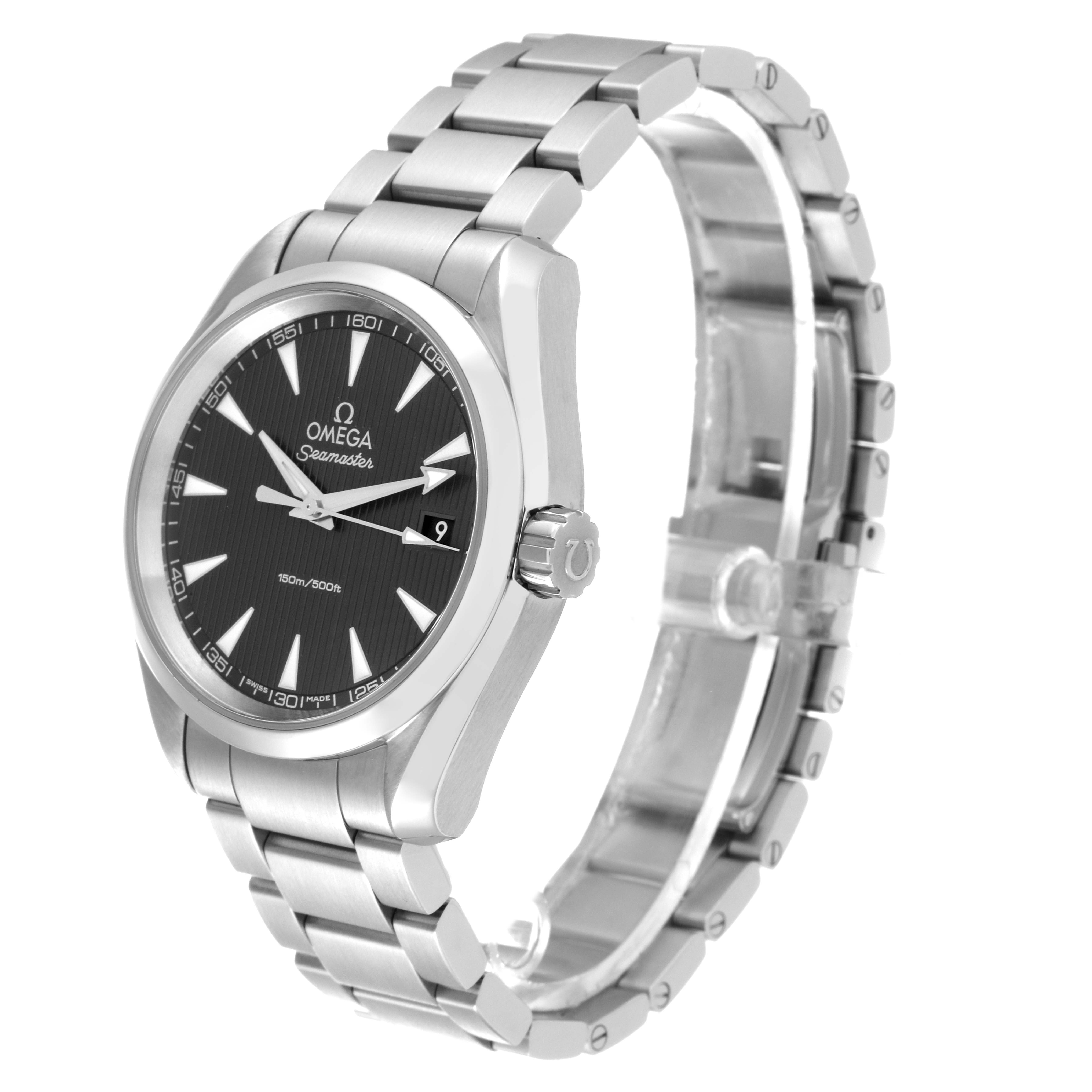 The image shows an Omega Seamaster Aqua Terra watch at a slight angle, highlighting the face, bezel, crown, and metal bracelet.