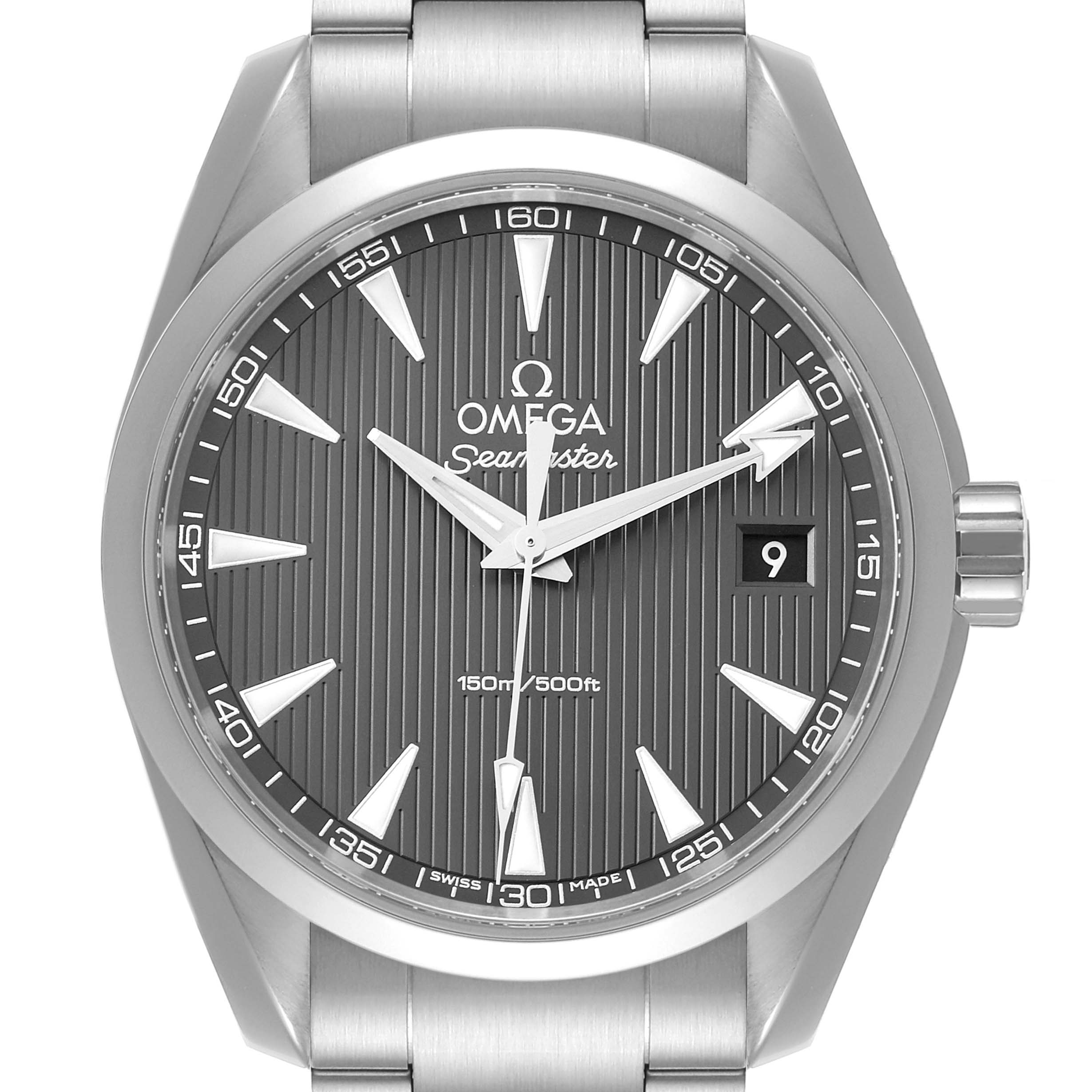 This image shows a front view of the Omega Aqua Terra 231.10.39.60.06.001 Men
s Stainless Steel Grey Dial 231.10.39.60.06.001 Men
s Stainless Steel Grey Dial Seamaster watch, displaying its dial, hands, date window, and bracelet.