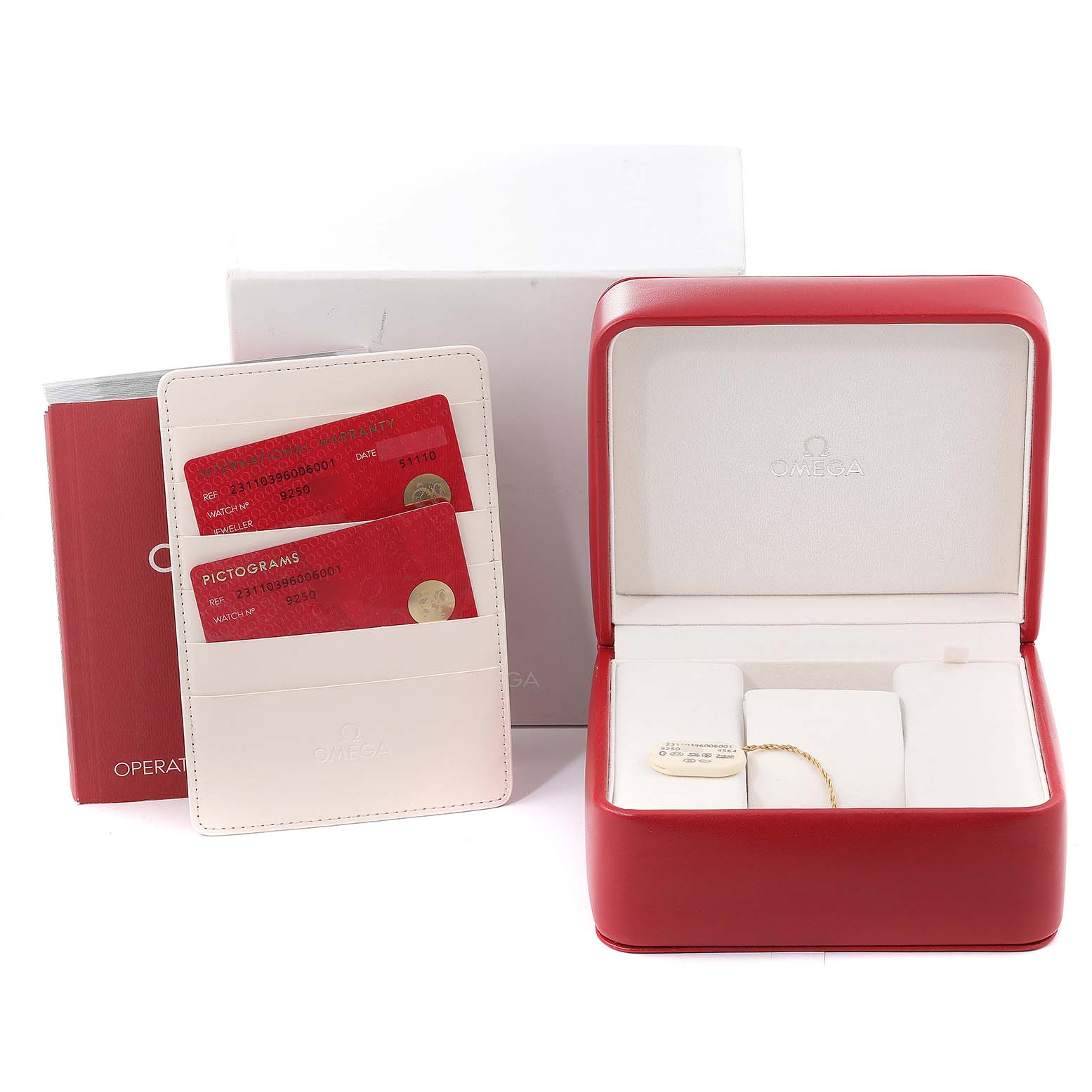 The image shows the packaging and accessories for the Omega Aqua Terra 231.10.39.60.06.001 Men
s Stainless Steel Grey Dial 231.10.39.60.06.001 Men
s Stainless Steel Grey Dial, including the box, warranty cards, and manuals.