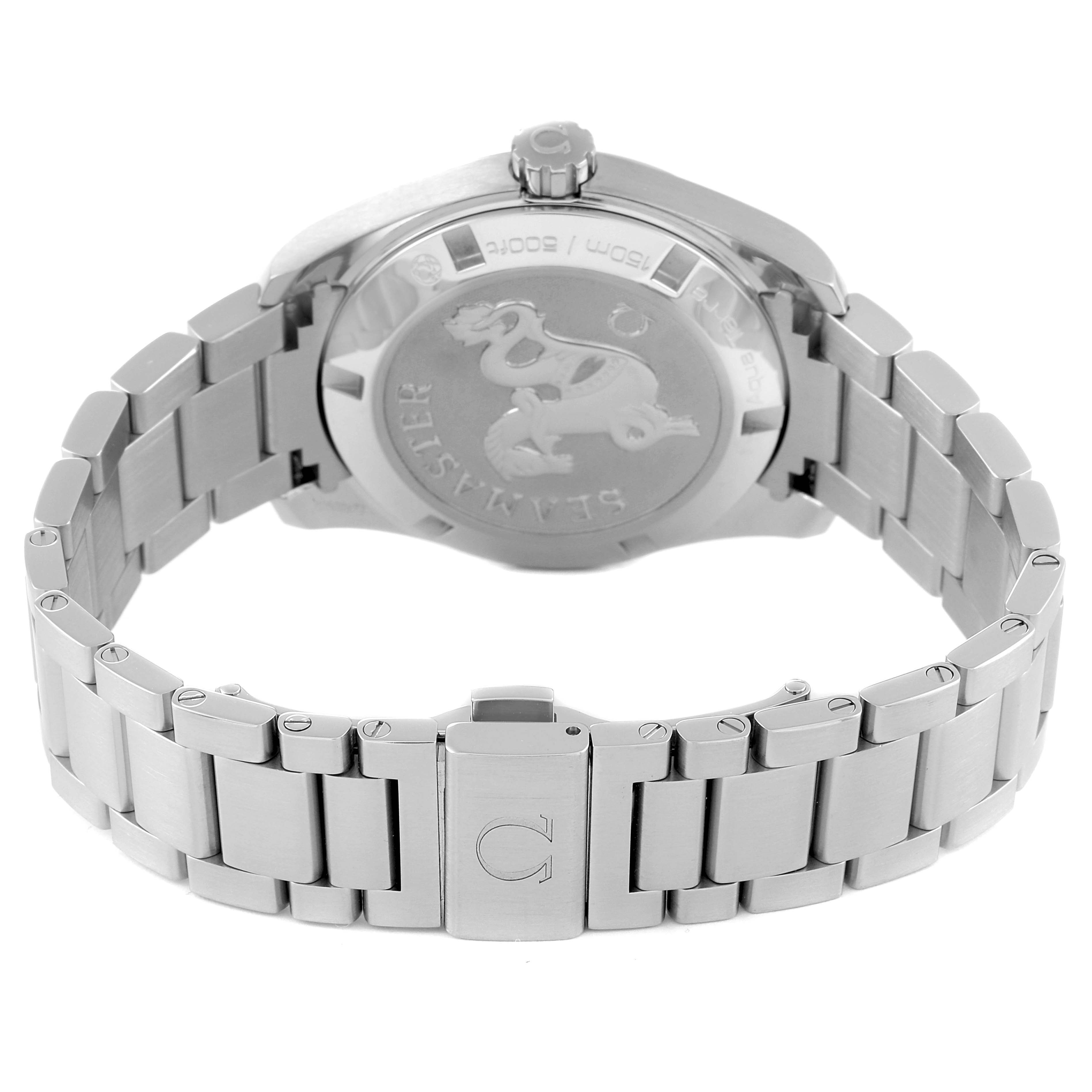 This image shows the back view of an Omega Aqua Terra 231.10.39.60.06.001 Men
s Stainless Steel Grey Dial 231.10.39.60.06.001 Men
s Stainless Steel Grey Dial watch, highlighting the case back, bracelet, and clasp.