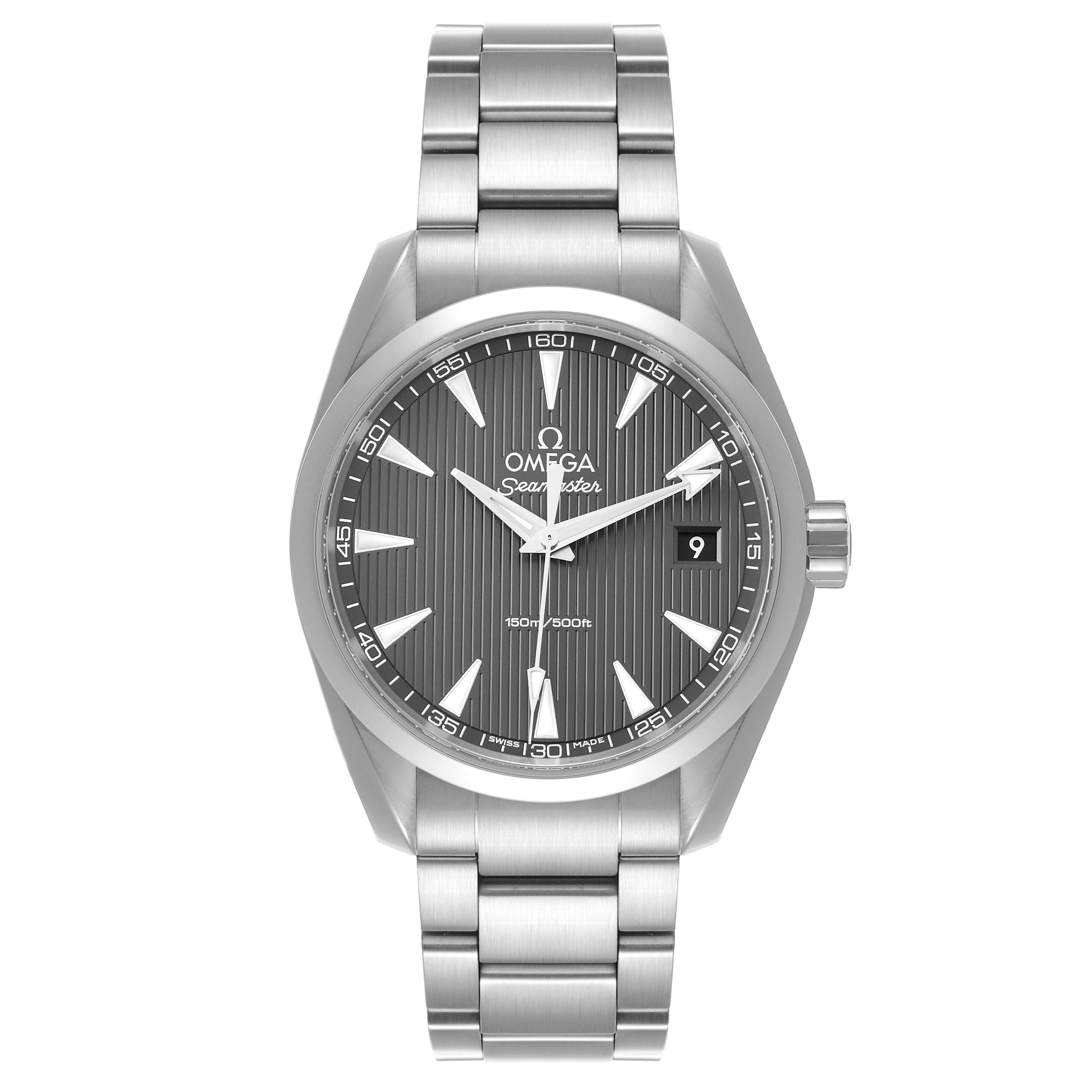 The Omega Aqua Terra 231.10.39.60.06.001 Men
s Stainless Steel Grey Dial 231.10.39.60.06.001 Men
s Stainless Steel Grey Dial watch is shown from the front, displaying its dial, hands, date window, and stainless steel bracelet.