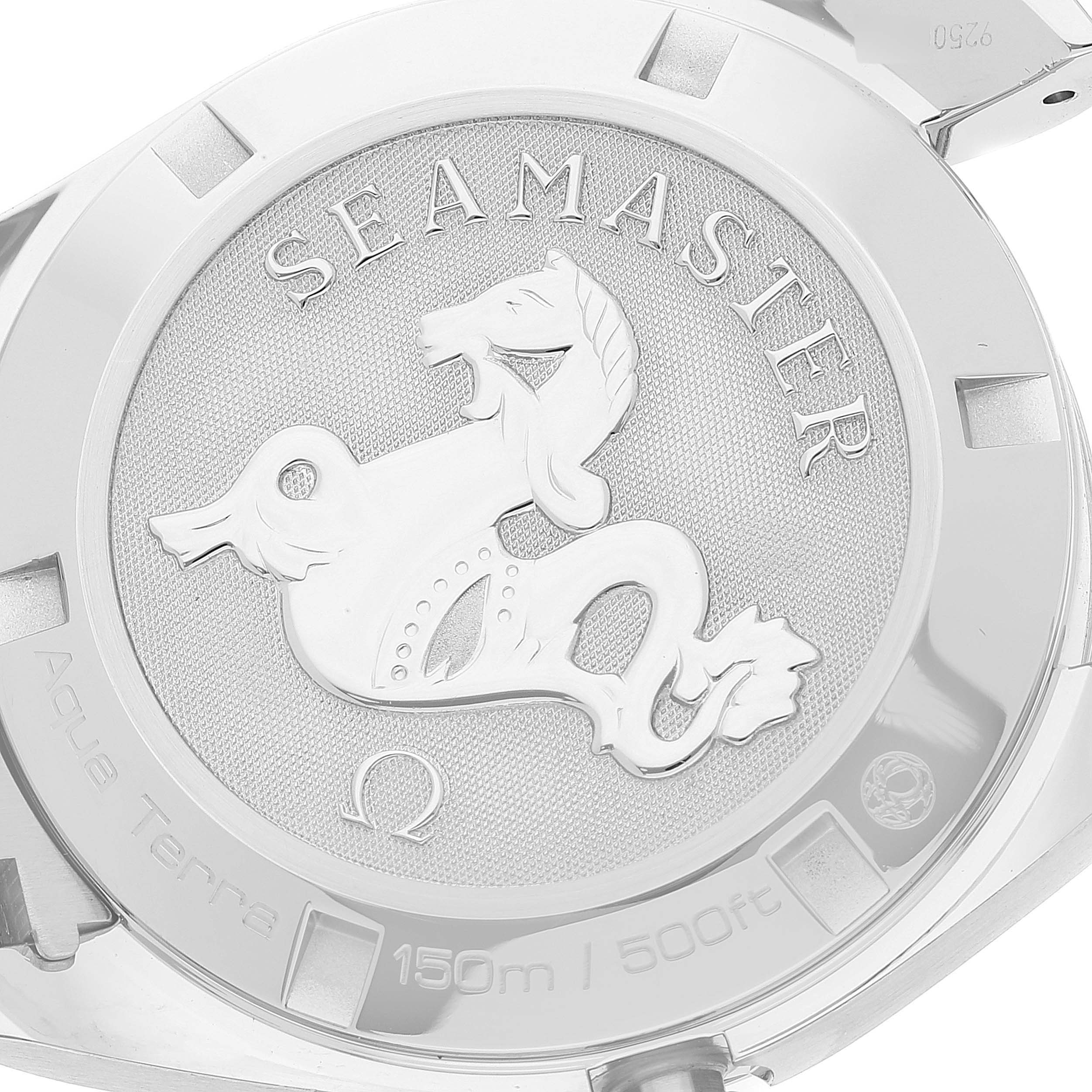 This image shows the engraved case back of an Omega Aqua Terra 231.10.39.60.06.001 Men
s Stainless Steel Grey Dial 231.10.39.60.06.001 Men
s Stainless Steel Grey Dial watch from a straight-on angle.