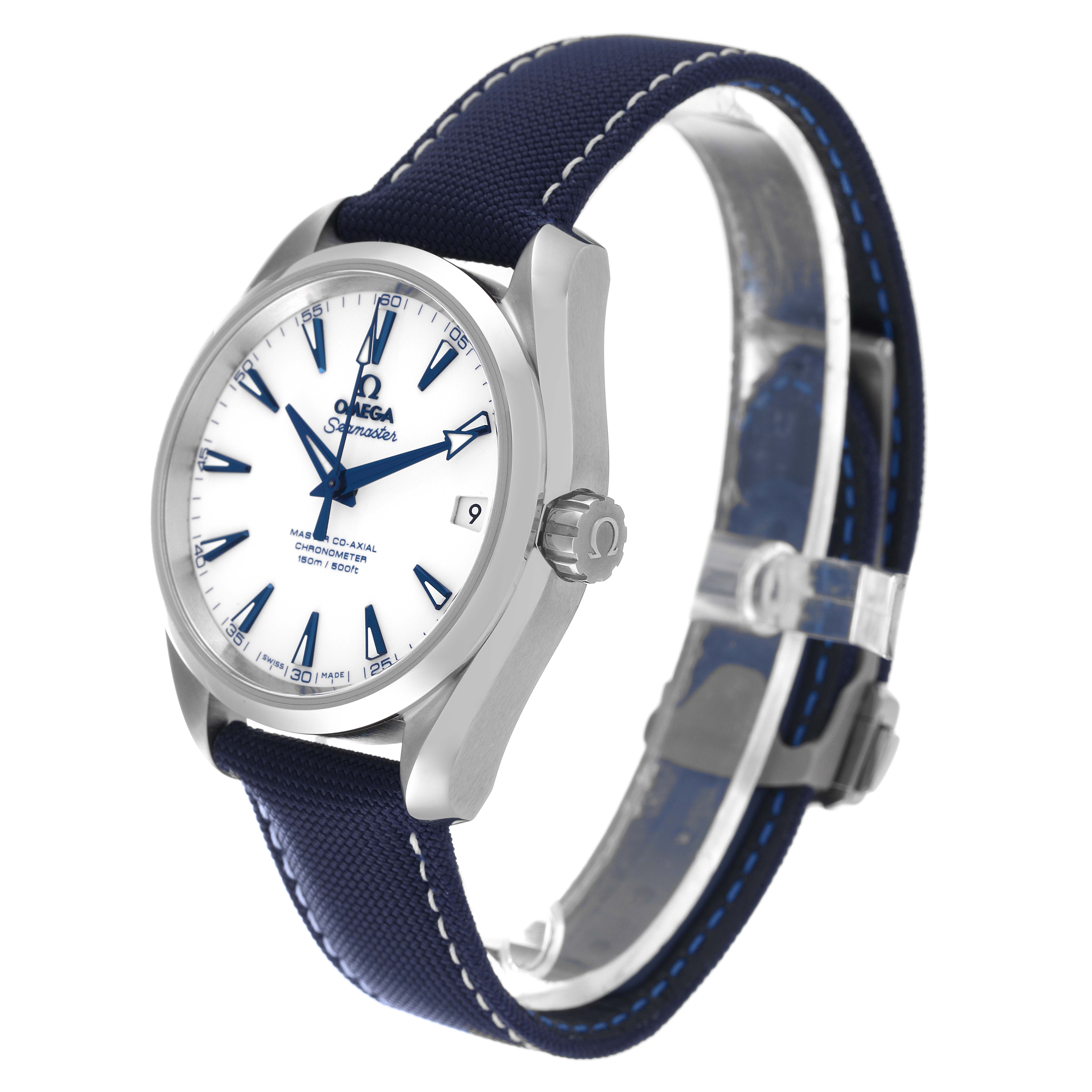 The image shows a side-angle view of the Omega Aqua Terra 231.92.39.21.04.001 Men's Titanium White Dial 231.92.39.21.04.001 Men's Titanium White Dial watch, highlighting the case, dial, and blue strap.